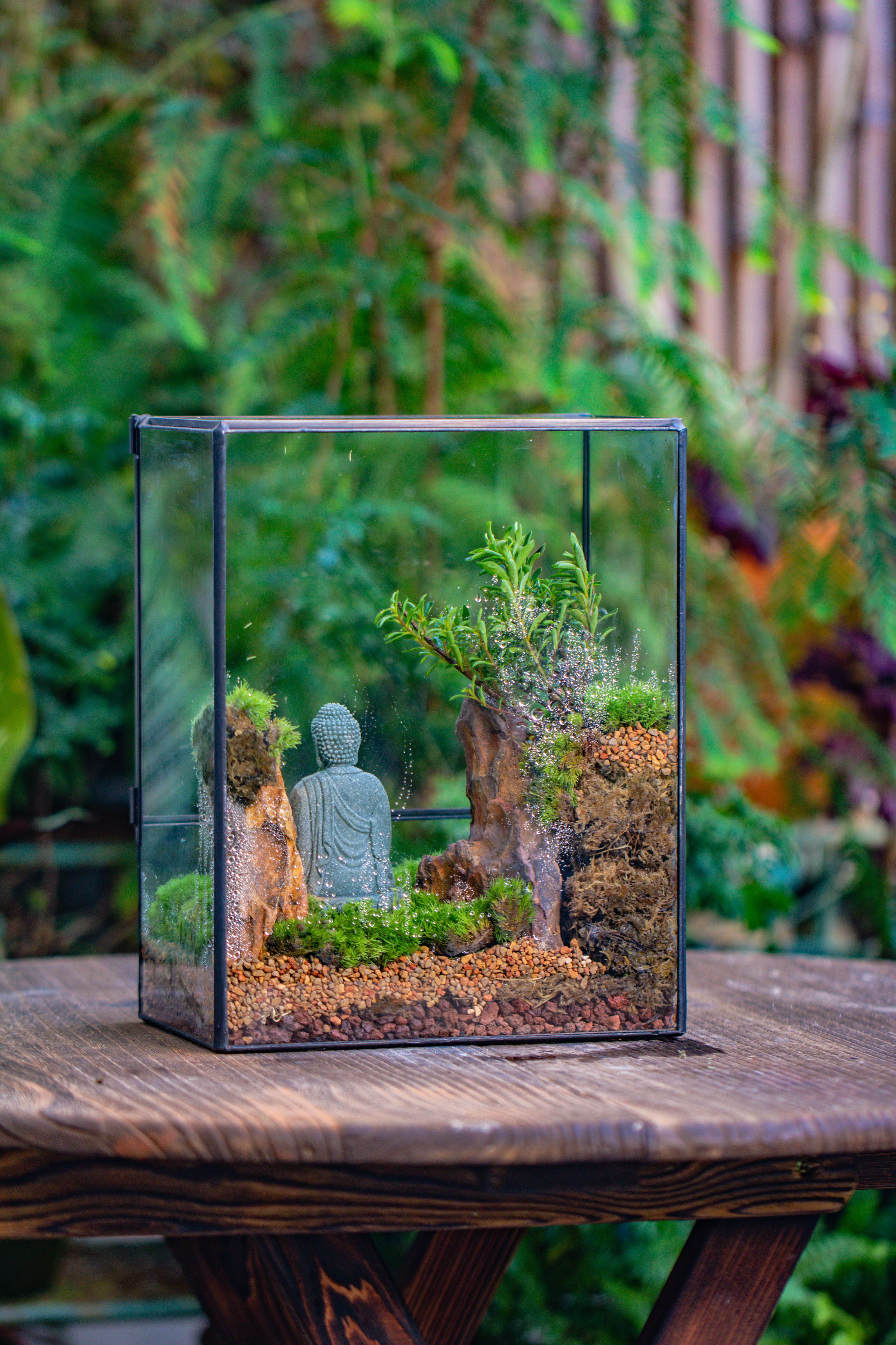 Close Geometric Glass Tin Terrarium , 8x10" and Buddha, rock, Micro Landscape Moss Terrarium Building DIY set No plants, Customizable - NCYPgarden