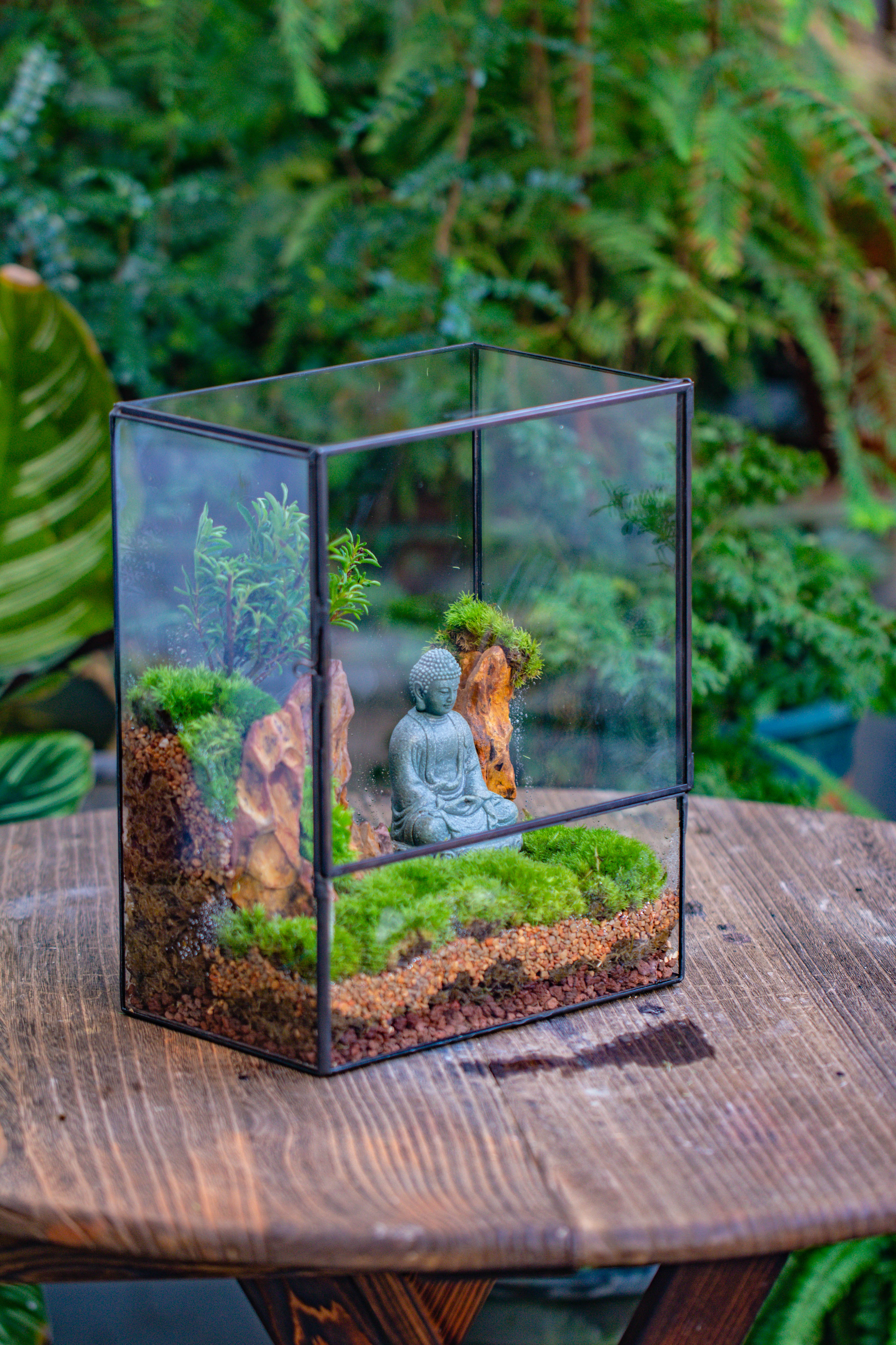 Close Geometric Glass Tin Terrarium , 8x10" and Buddha, rock, Micro Landscape Moss Terrarium Building DIY set No plants, Customizable - NCYPgarden