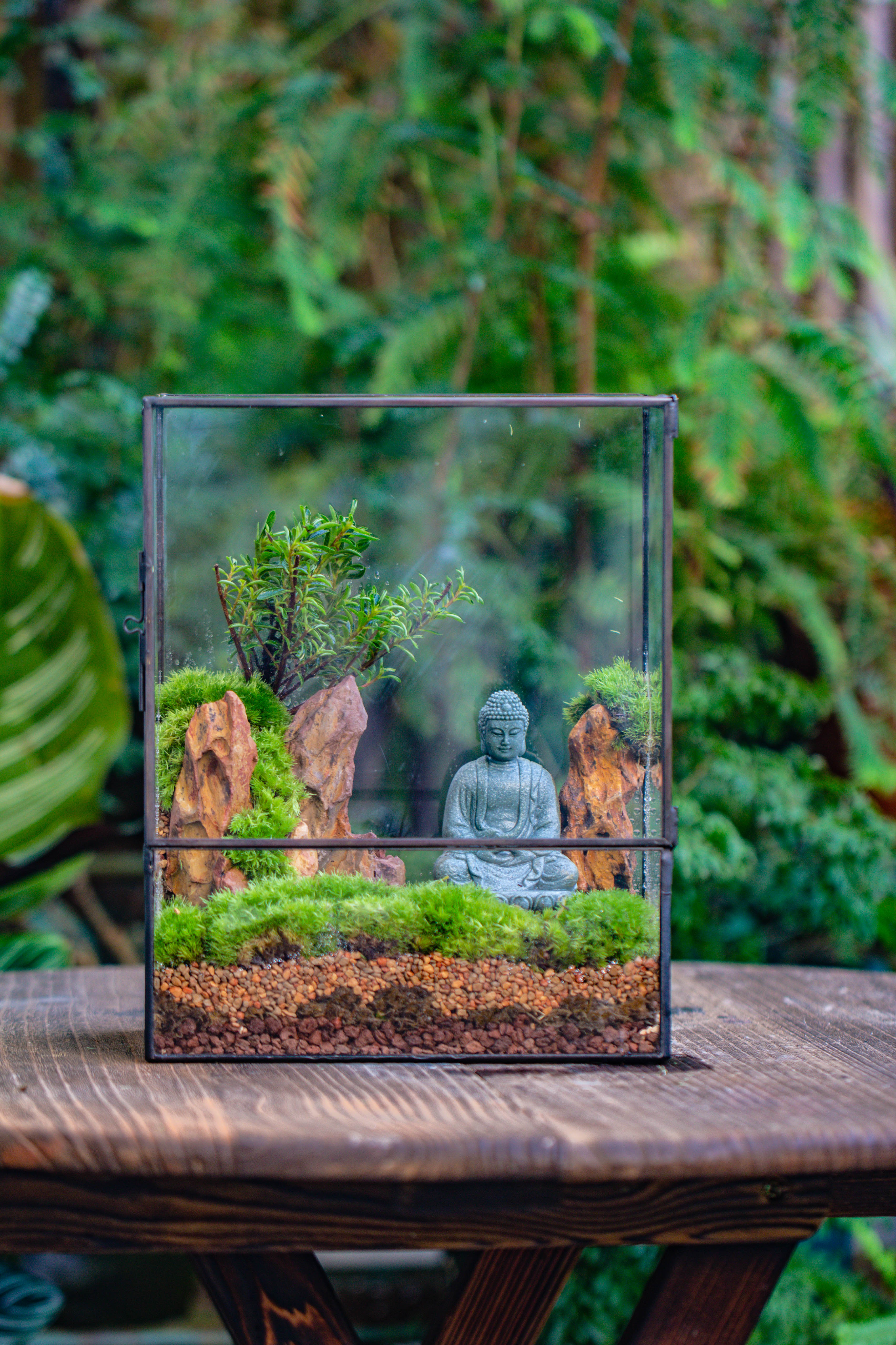 Close Geometric Glass Tin Terrarium , 8x10" and Buddha, rock, Micro Landscape Moss Terrarium Building DIY set No plants, Customizable - NCYPgarden