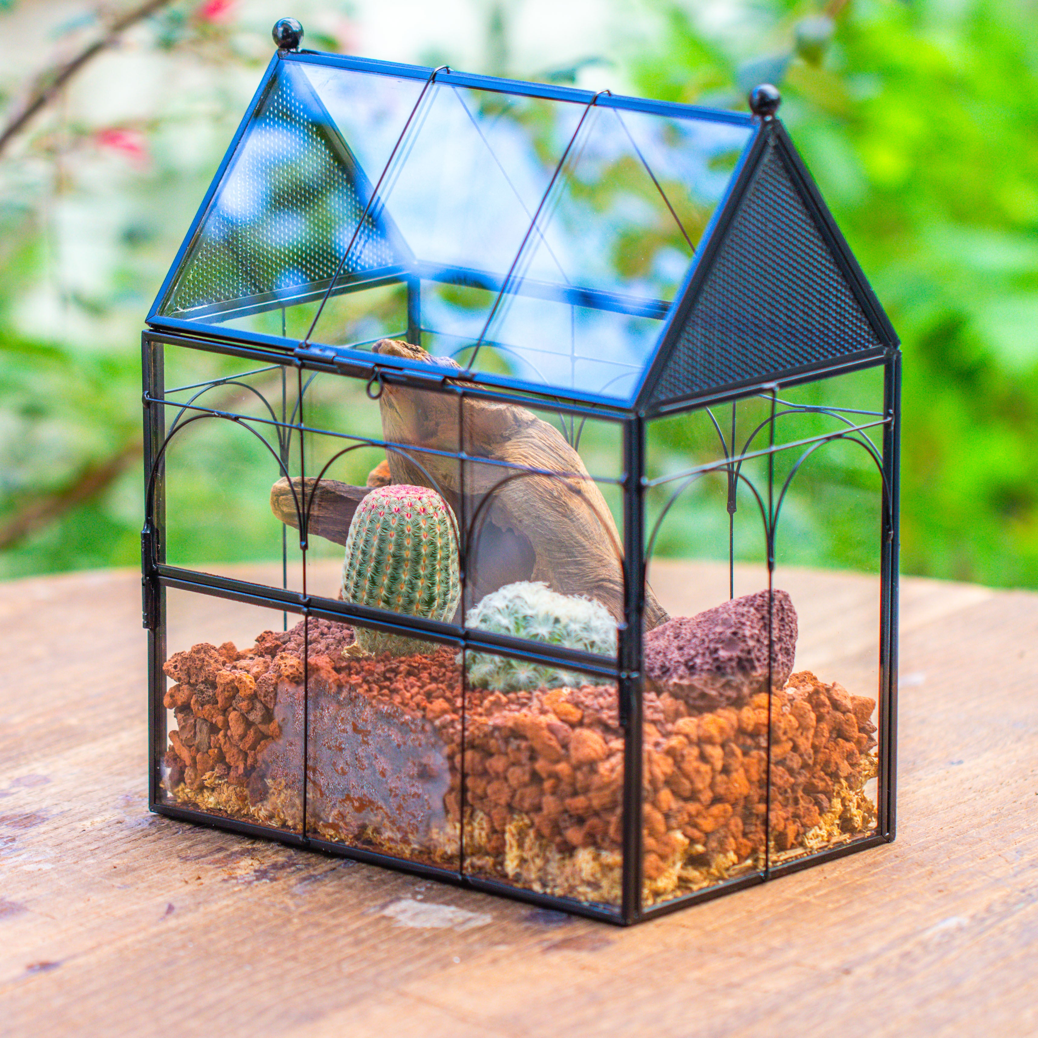 NCYP Vintage House Shape Glass Geometric Terrarium, with side door, with Mesh / vent holes for small Insects Pet - NCYPgarden