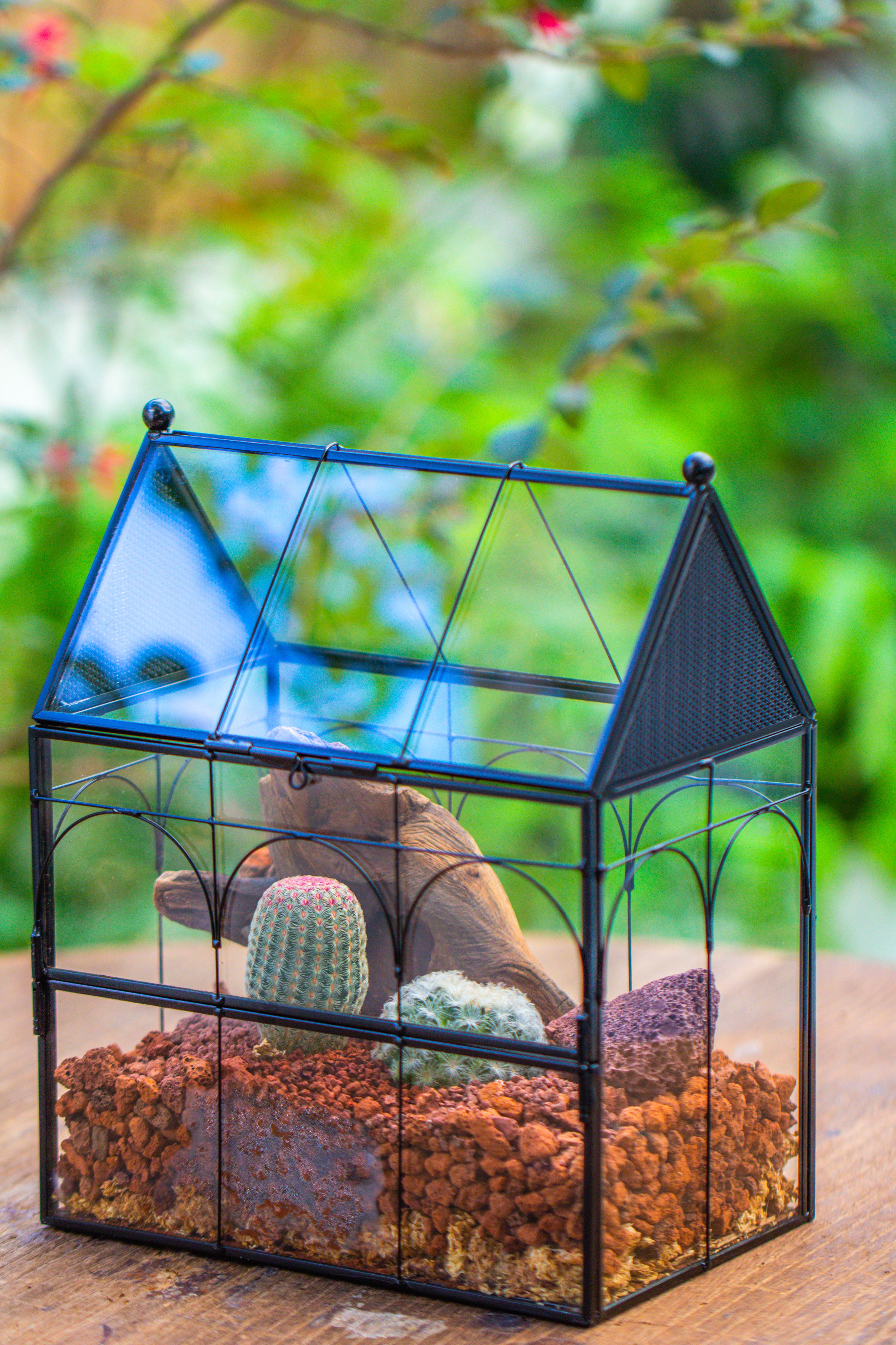 NCYP Vintage House Shape Glass Geometric Terrarium, with side door, with Mesh / vent holes for small Insects Pet - NCYPgarden