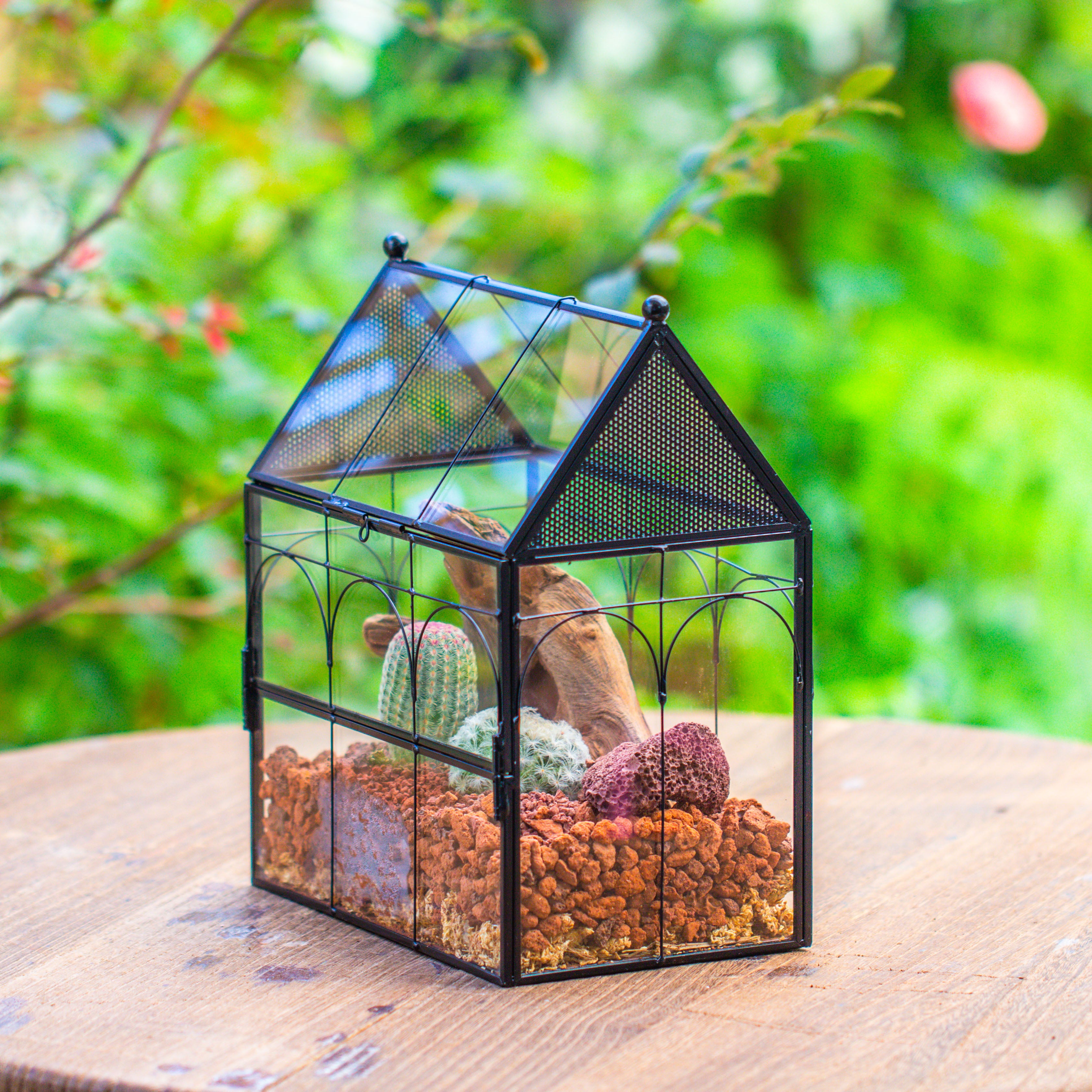 NCYP Vintage House Shape Glass Geometric Terrarium, with side door, with Mesh / vent holes for small Insects Pet - NCYPgarden