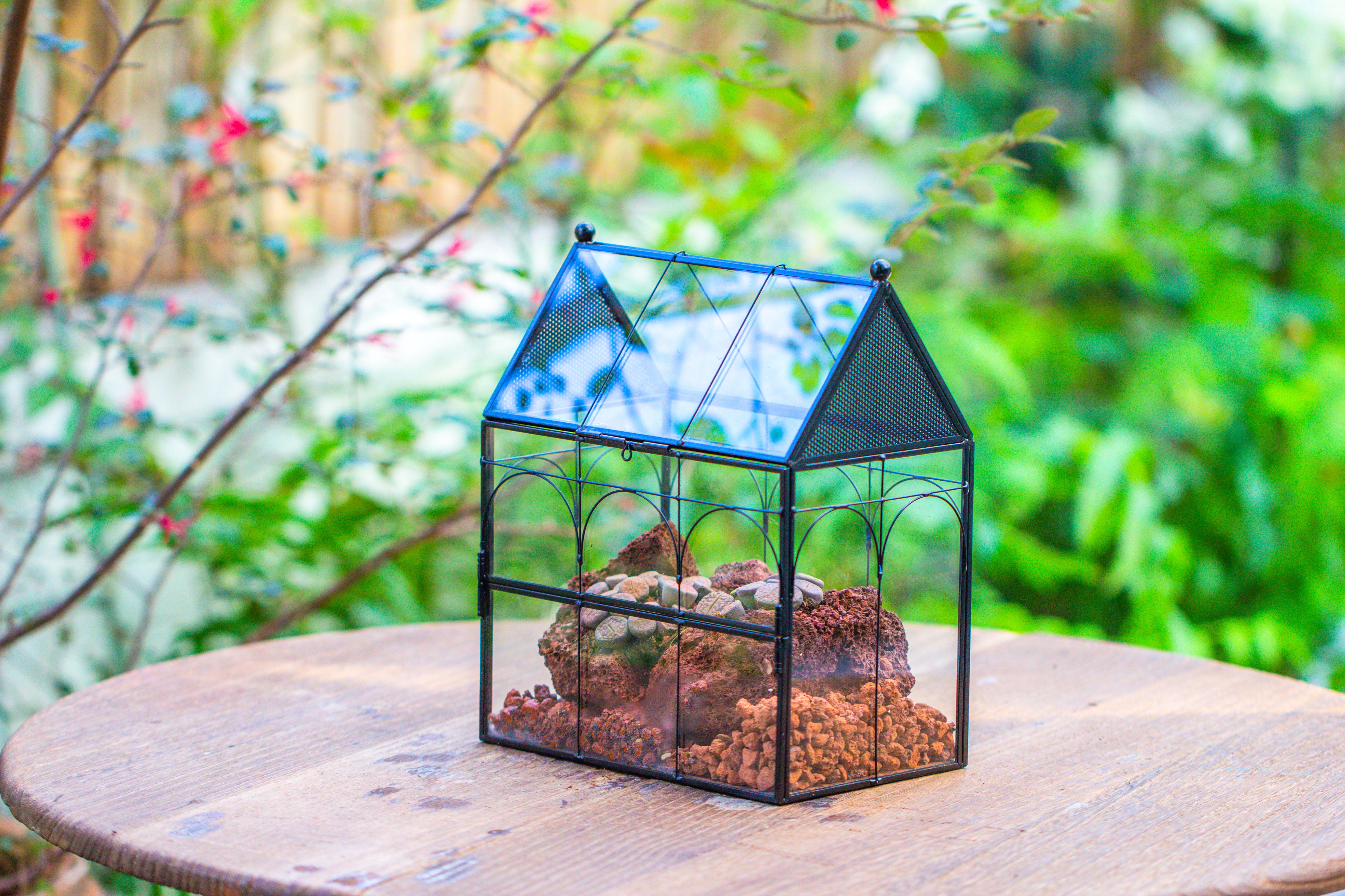 NCYP Vintage House Shape Glass Geometric Terrarium, with side door, with Mesh / vent holes for small Insects Pet - NCYPgarden