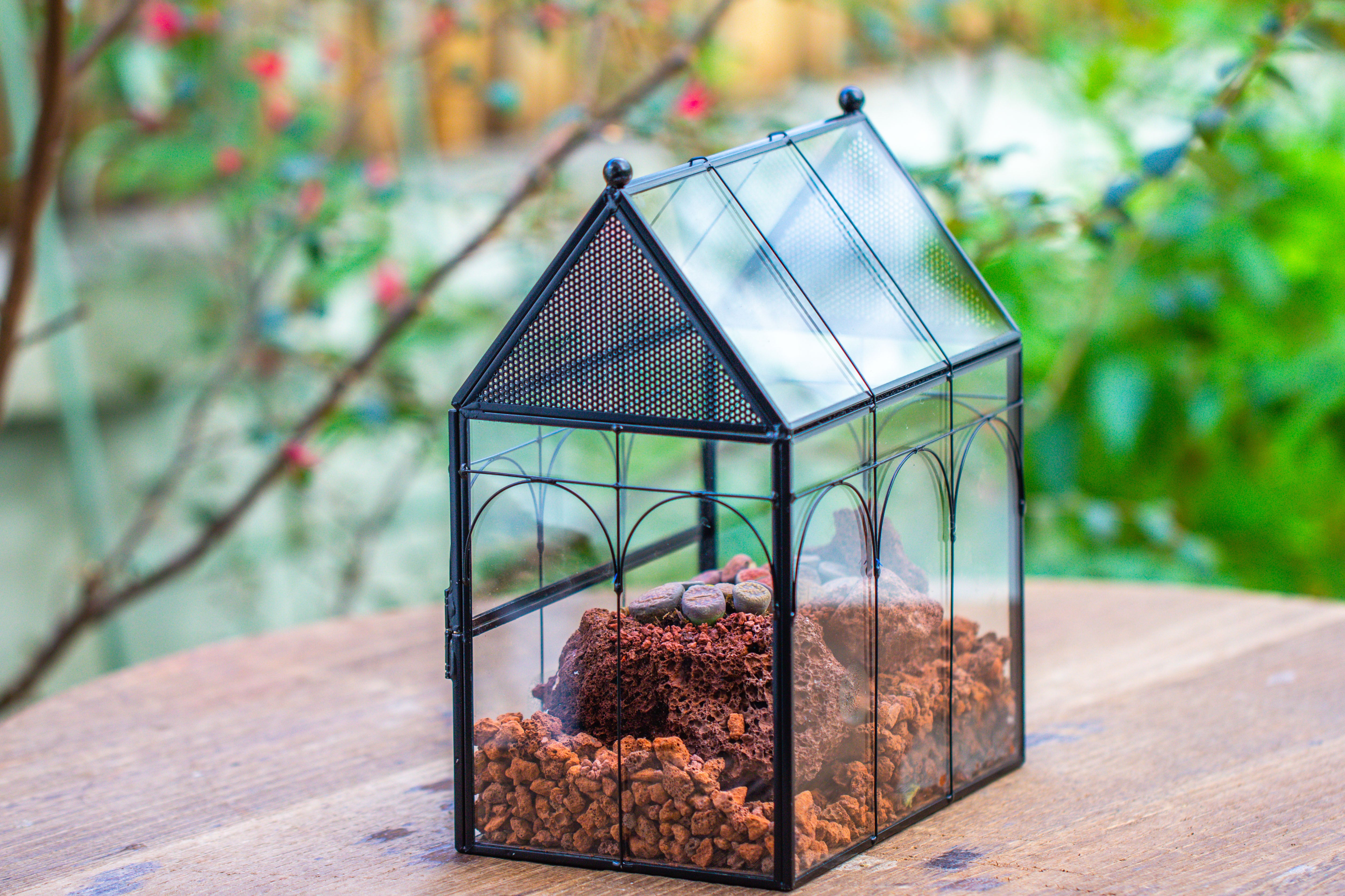 NCYP Vintage House Shape Glass Geometric Terrarium, with side door, with Mesh / vent holes for small Insects Pet - NCYPgarden