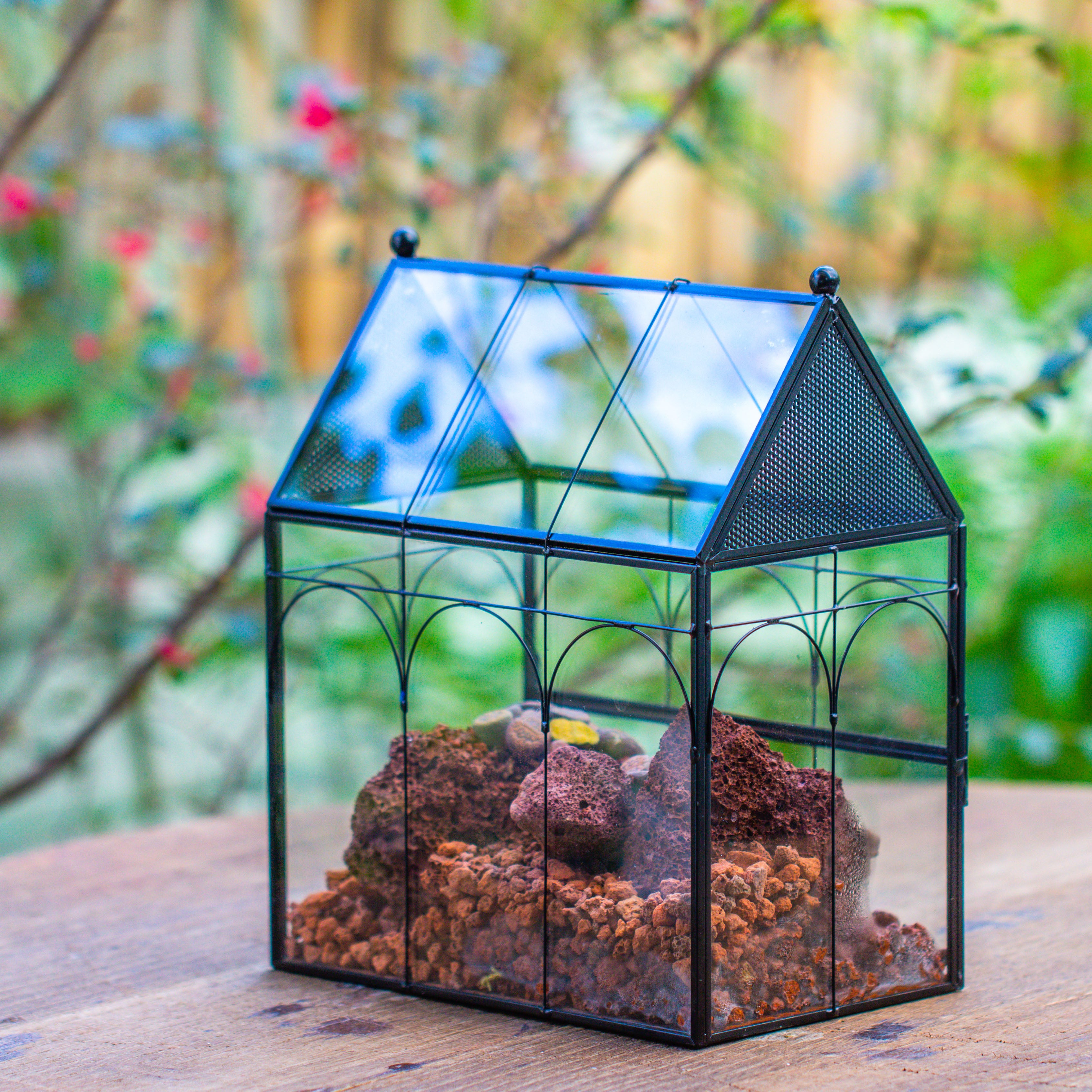 NCYP Vintage House Shape Glass Geometric Terrarium, with side door, with Mesh / vent holes for small Insects Pet - NCYPgarden