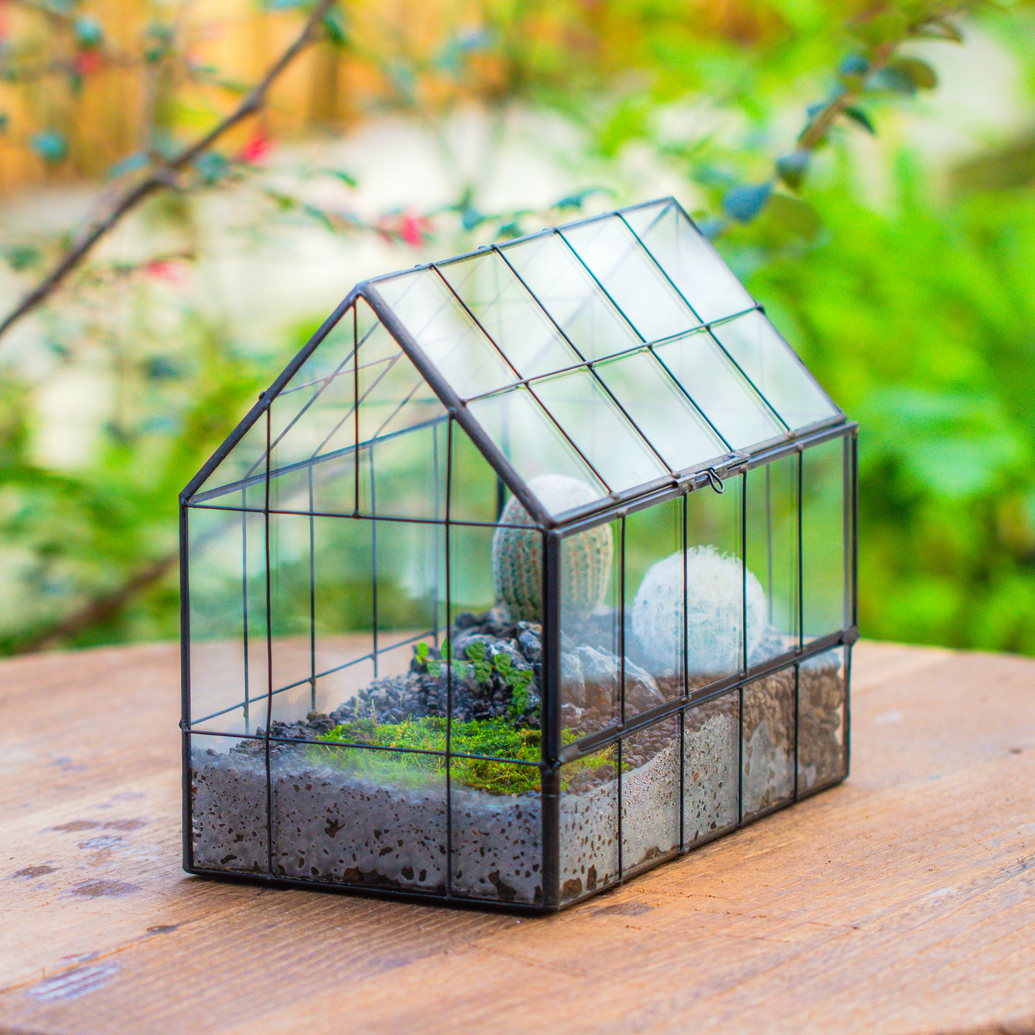 Vintge Greenhouse inspired tin and glass geometric Terrarium, side door, Close, for moss, fern, shade plants, micro landscape - NCYPgarden