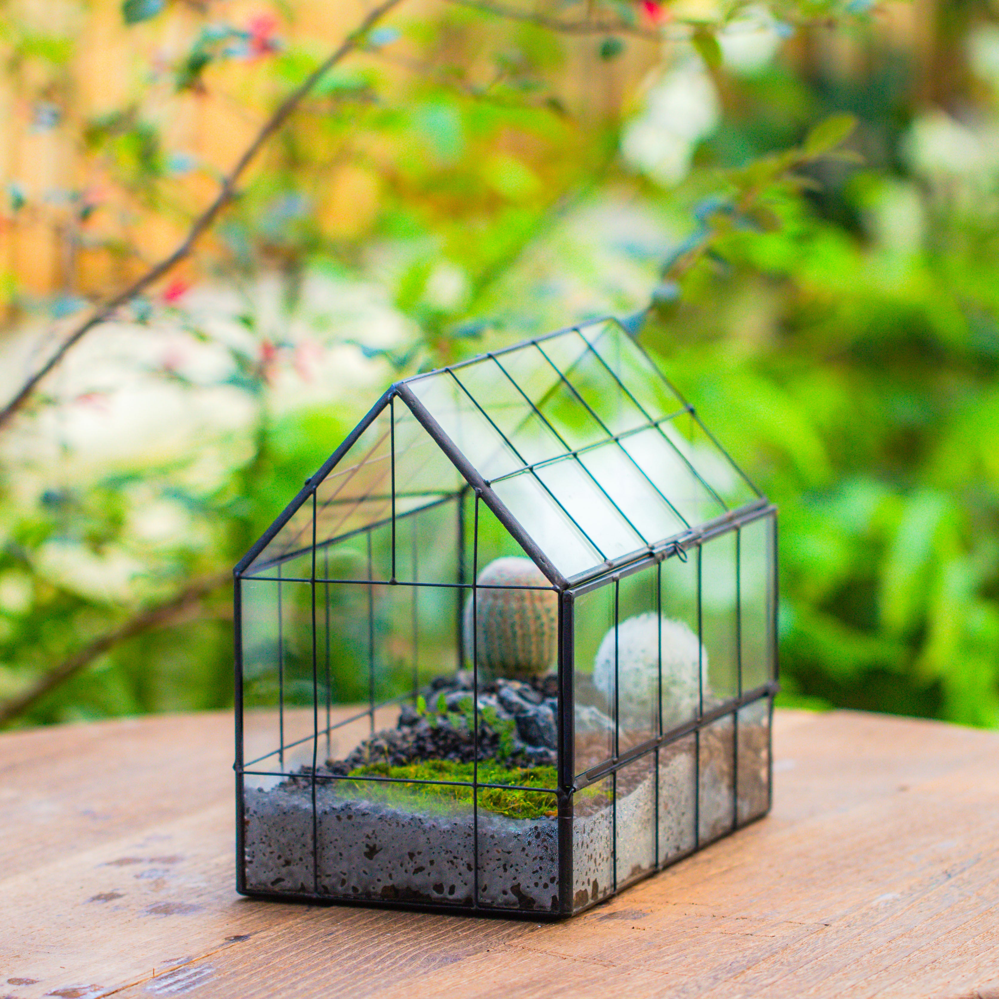 Vintge Greenhouse inspired tin and glass geometric Terrarium, side door, Close, for moss, fern, shade plants, micro landscape - NCYPgarden