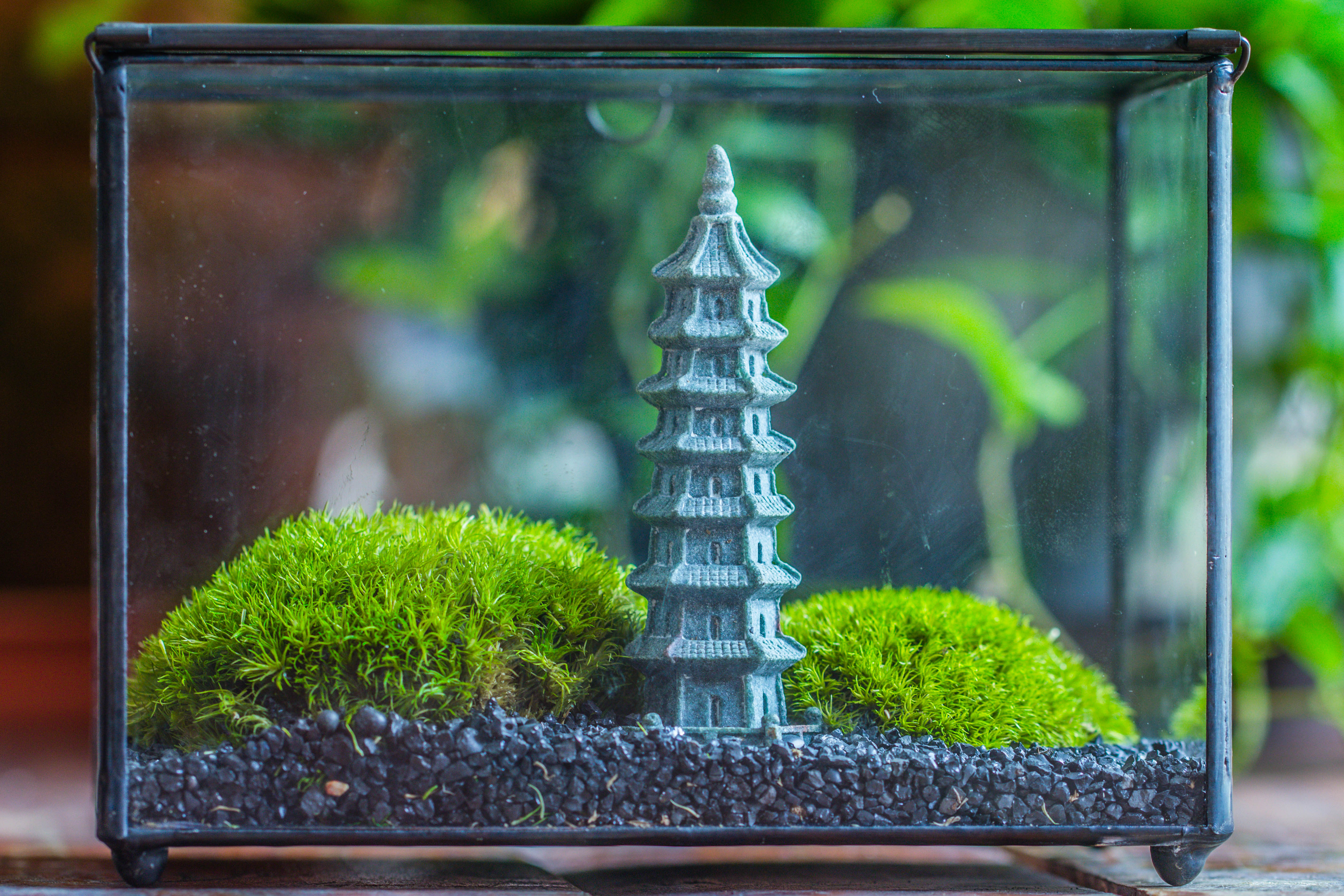 Preserved moss terrarium Miniature DIY set, Japanese Zen Style, Preserved Leucobryum moss and pagoda, 17*10*12cm / 6.7 x 3.9 x 4.7" - NCYPgarden