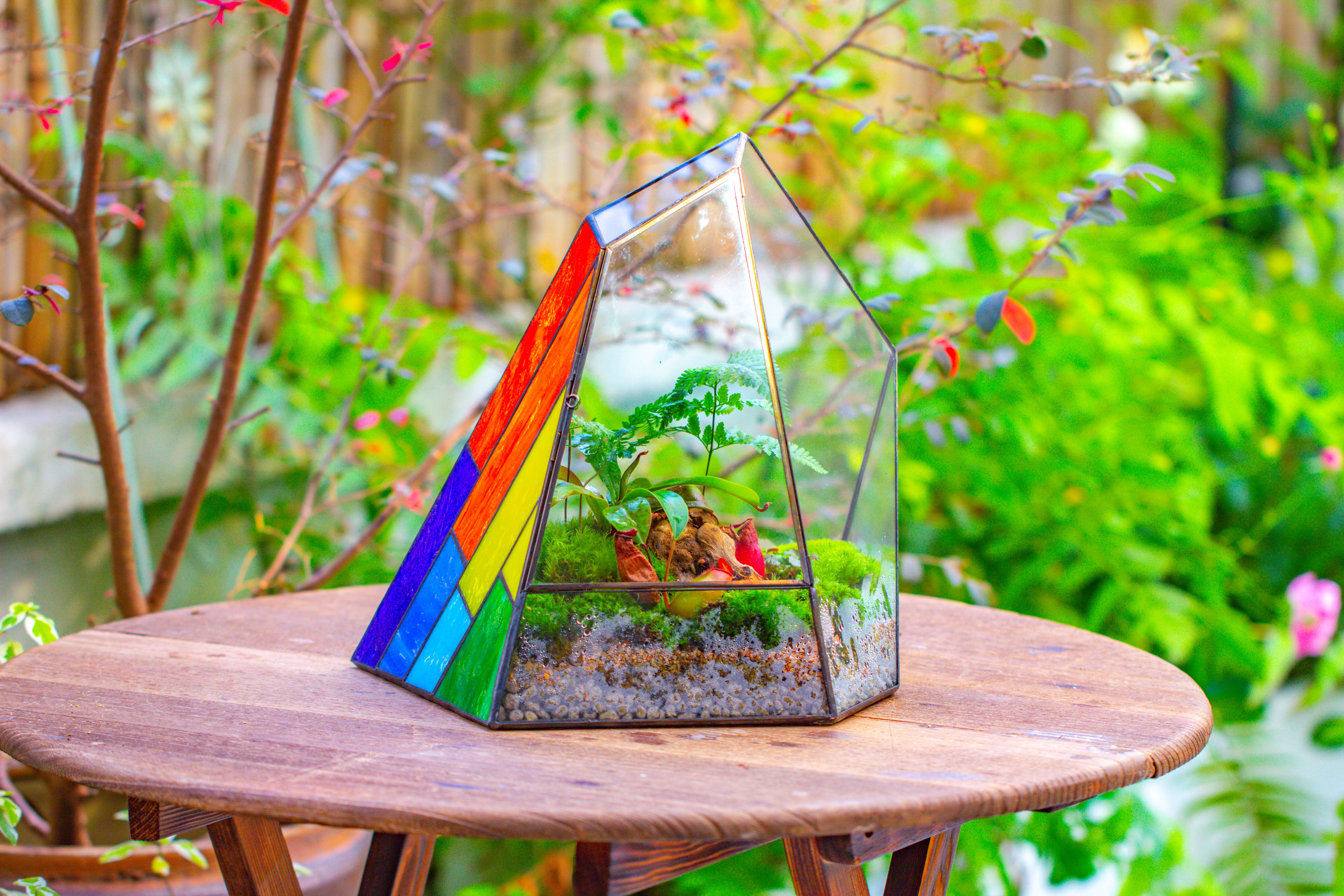 Rainbow Stained Glass Irregular Geometric Ice Peak  Shape Terrarium, Close - NCYPgarden