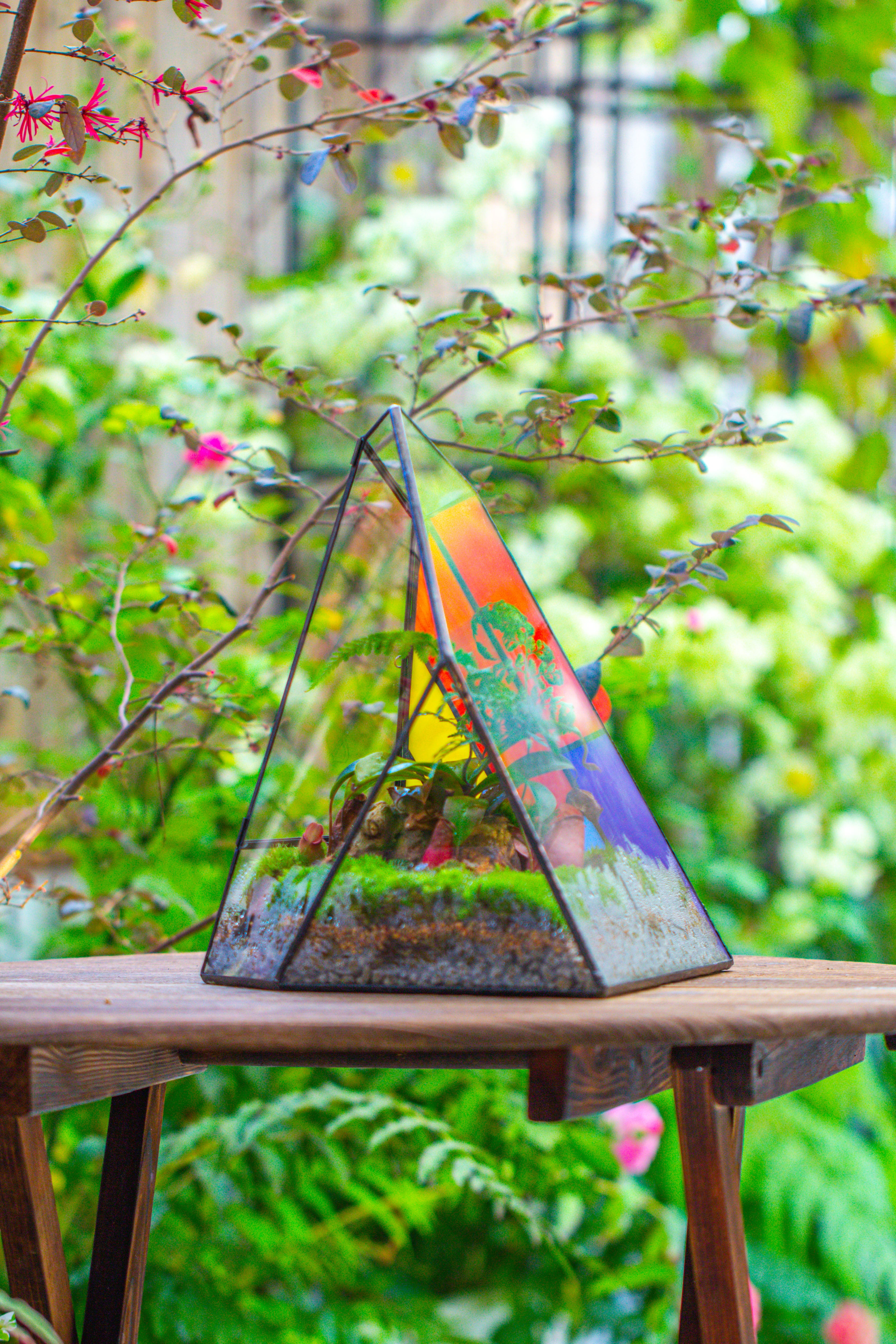 Rainbow Stained Glass Irregular Geometric Ice Peak  Shape Terrarium, Close - NCYPgarden