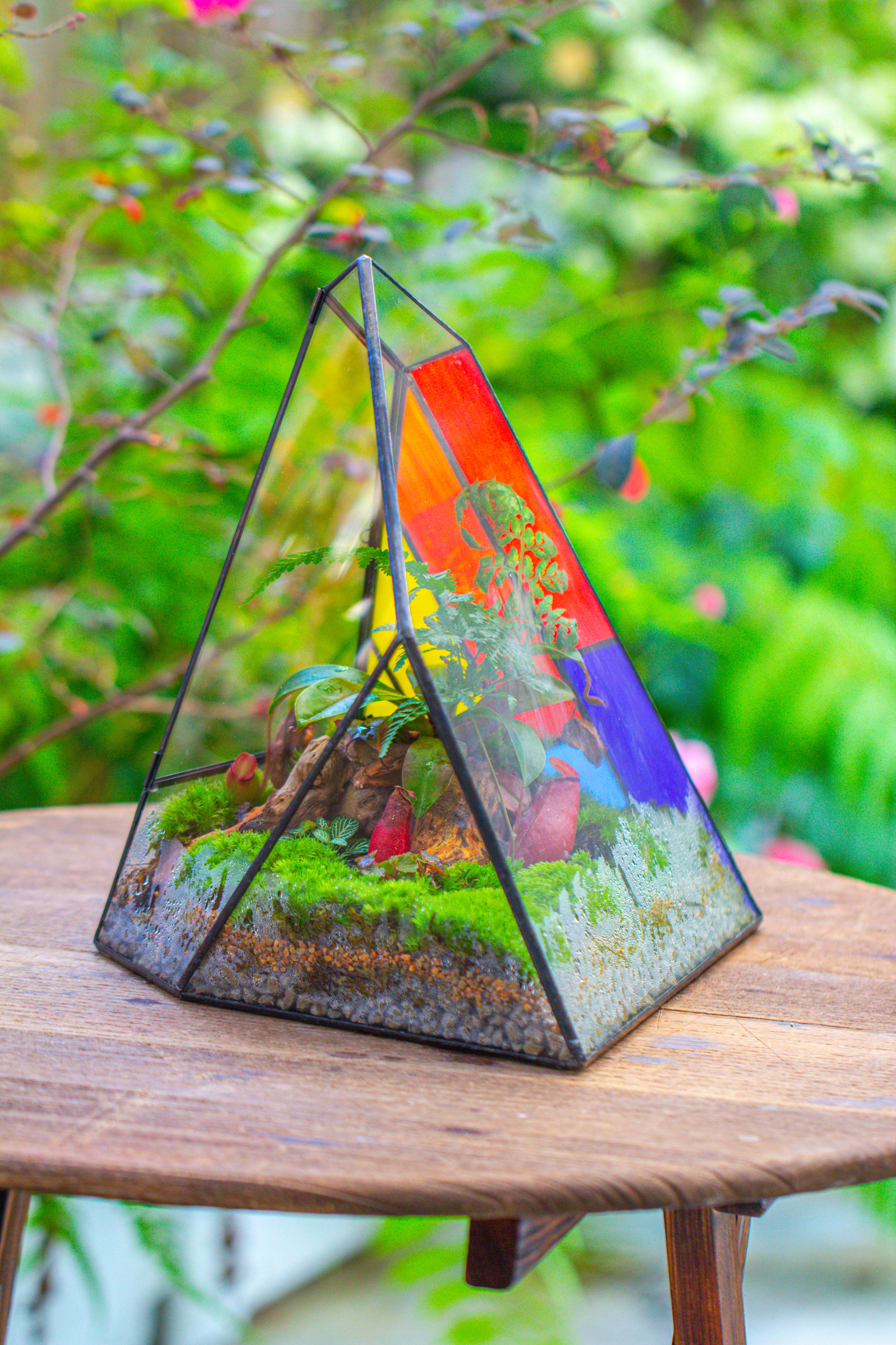 Rainbow Stained Glass Irregular Geometric Ice Peak  Shape Terrarium, Close - NCYPgarden