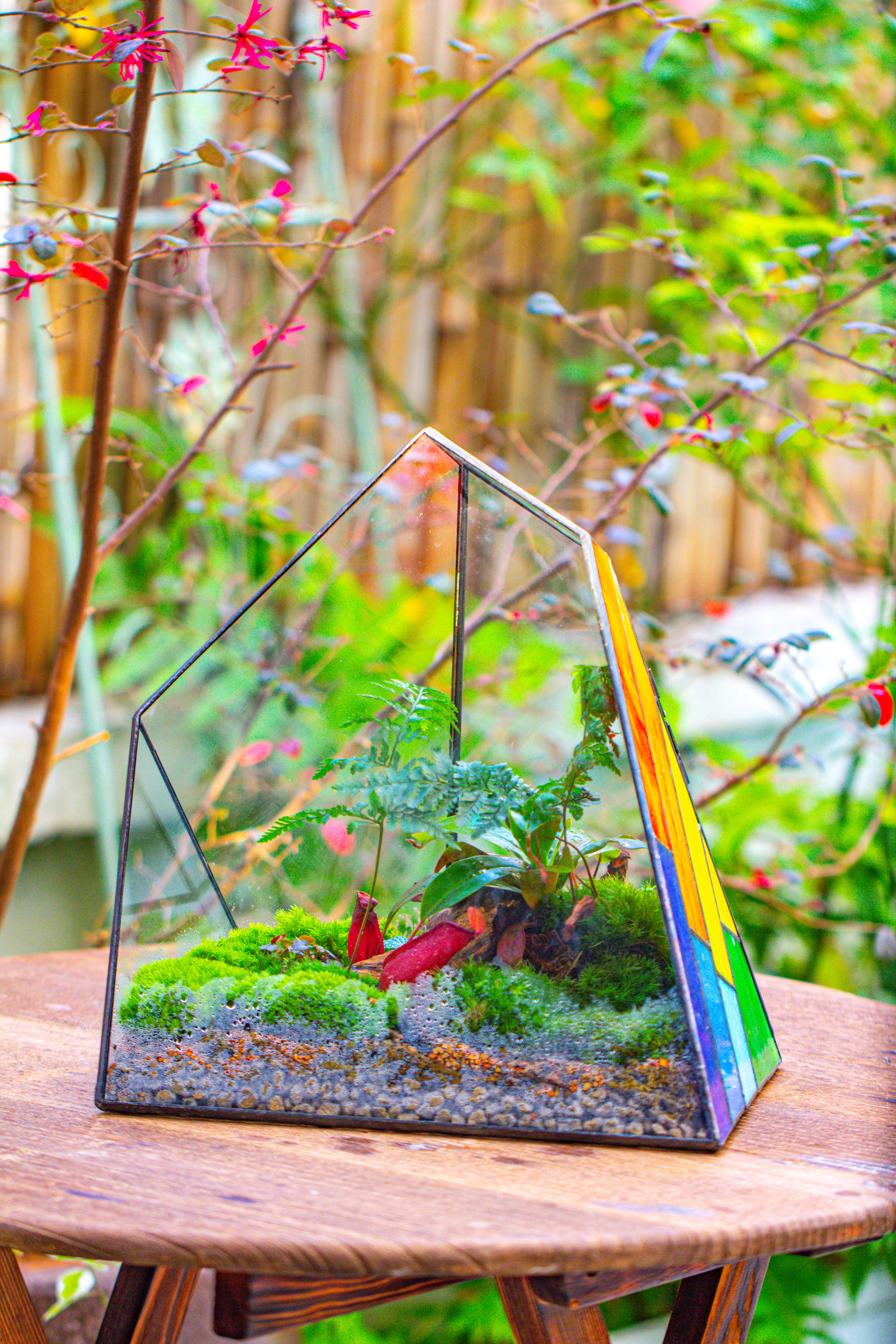 Rainbow Stained Glass Irregular Geometric Ice Peak  Shape Terrarium, Close - NCYPgarden