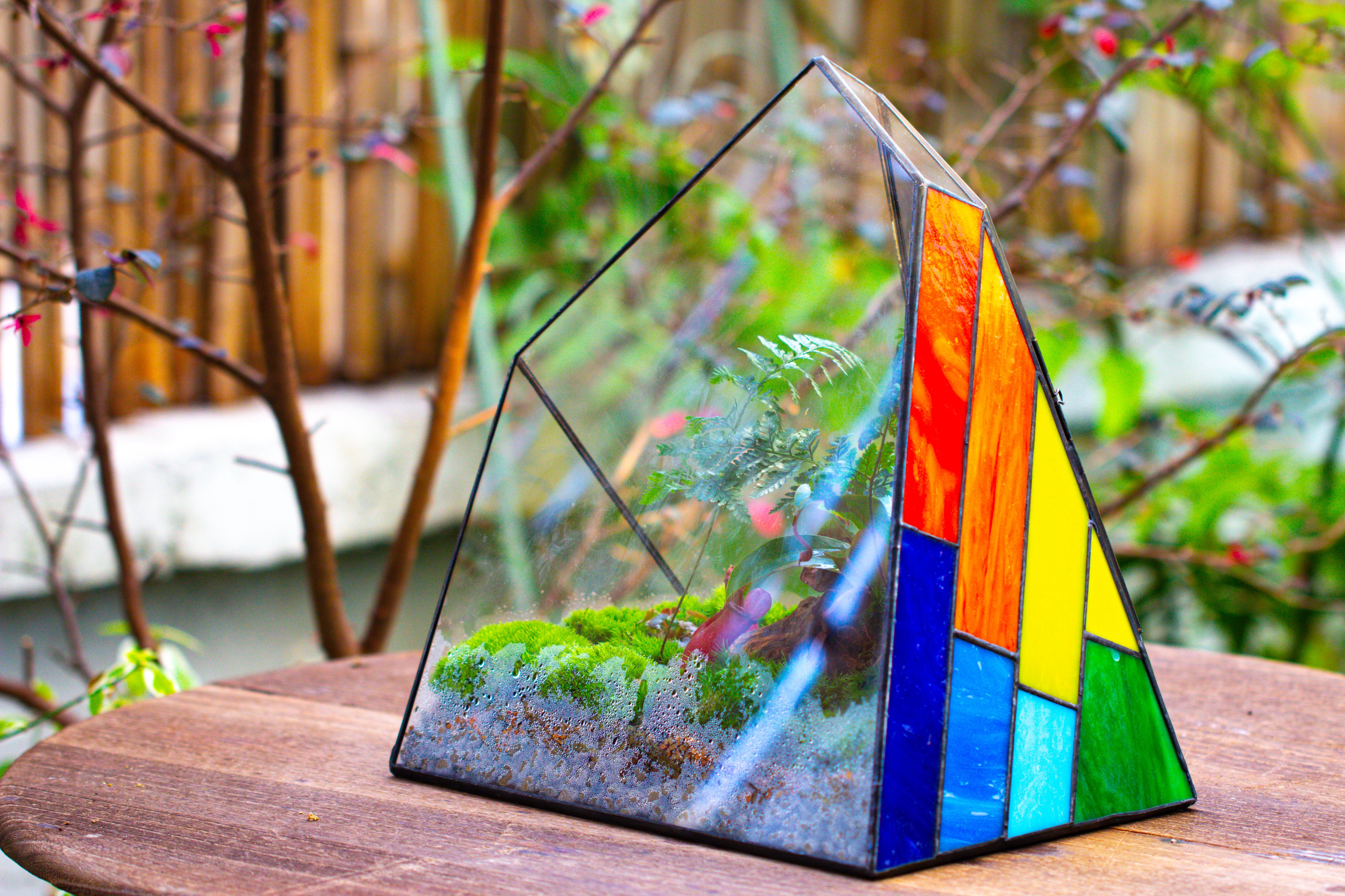 Rainbow Stained Glass Irregular Geometric Ice Peak  Shape Terrarium, Close - NCYPgarden