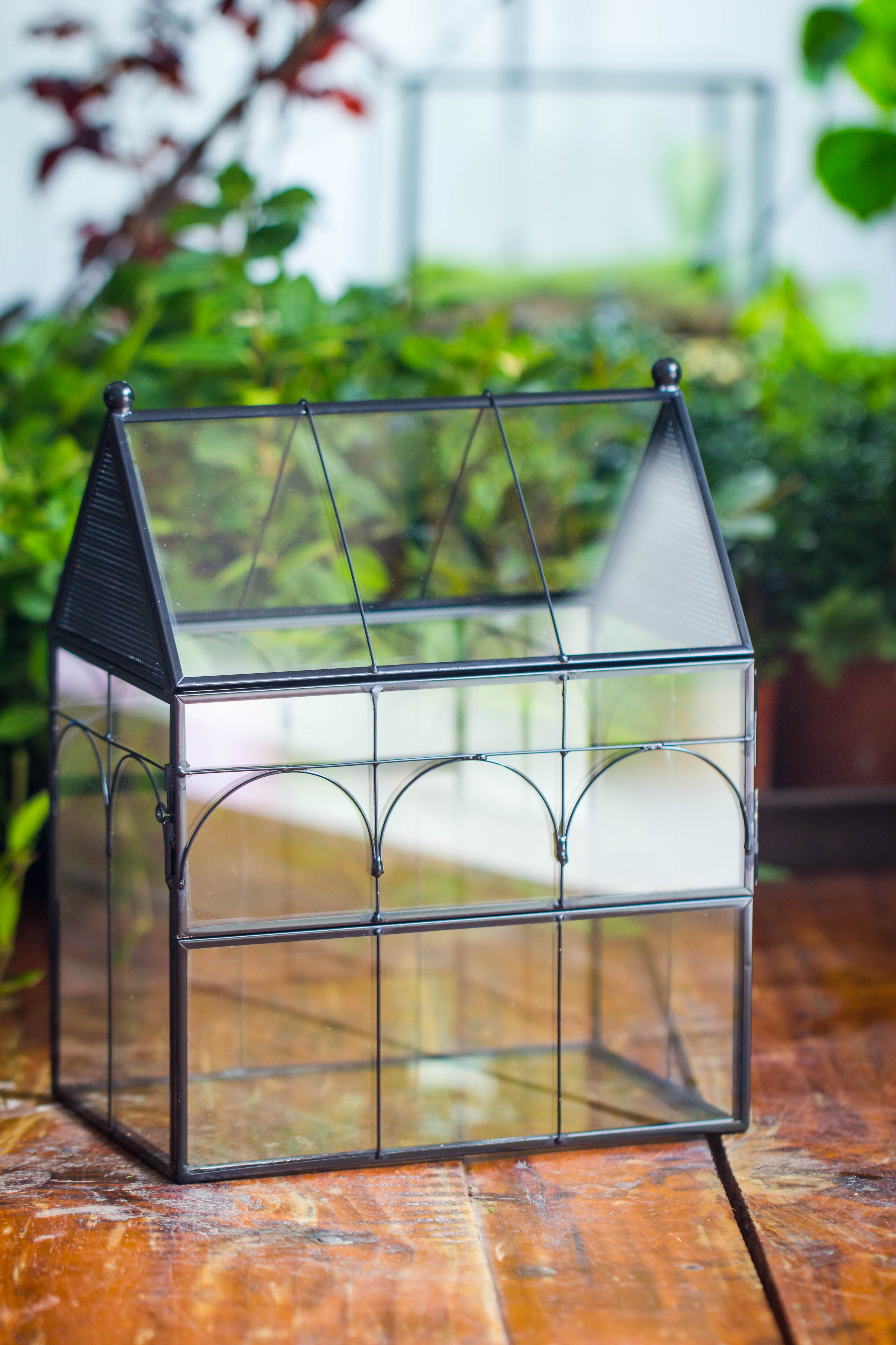 NCYP Vintage House Shape Tin and Glass Geometric Terrarium, with side door, with Mesh / vent holes for small Insects Pet - NCYPgarden