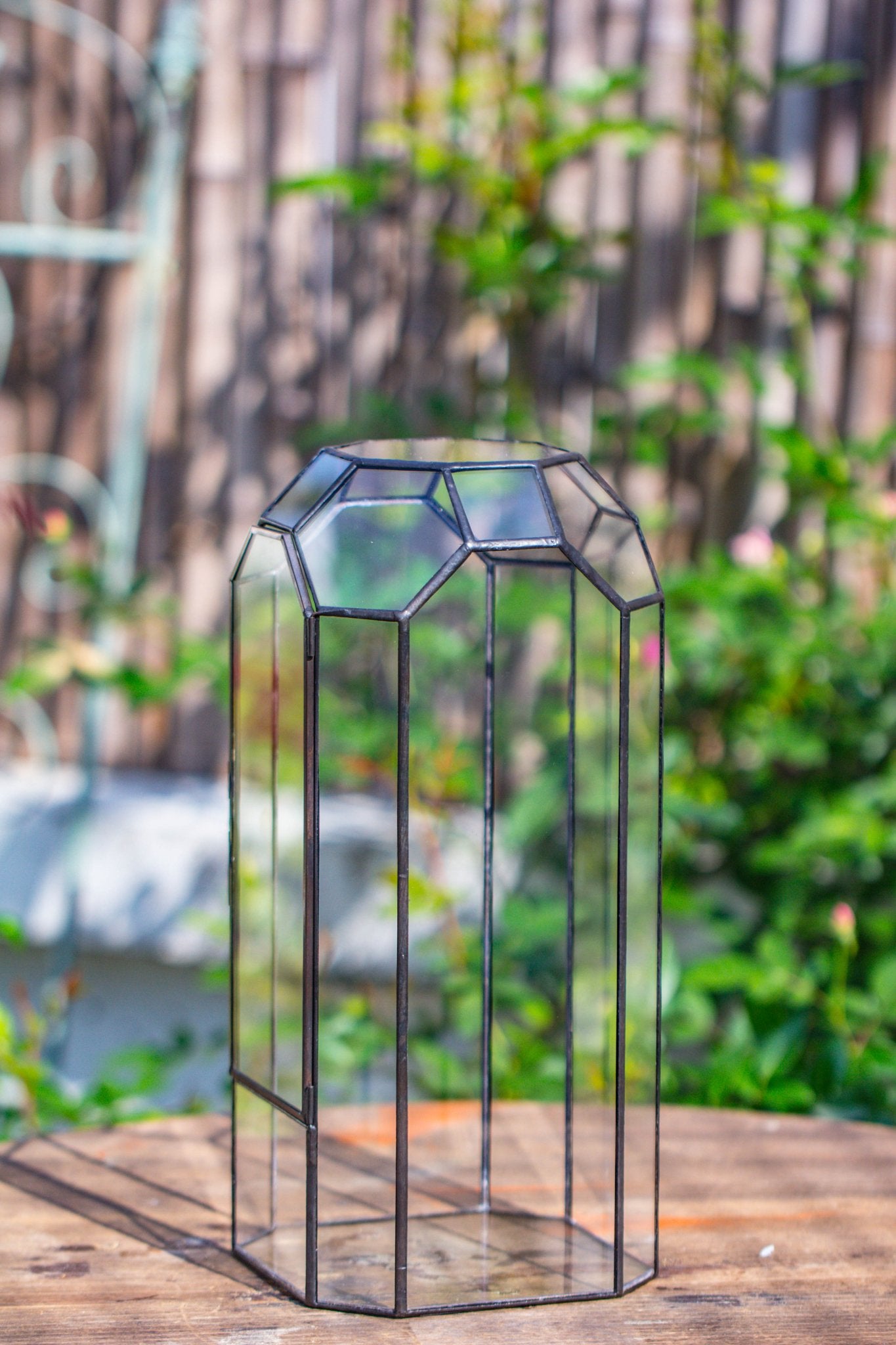 Vintage Tall Octagon Geometric Tin Glass Terrarium , 12.6" , close, suitable for tall plants, orchid, small begonia Pitcher, Micro landscape - with white light set - NCYPgarden