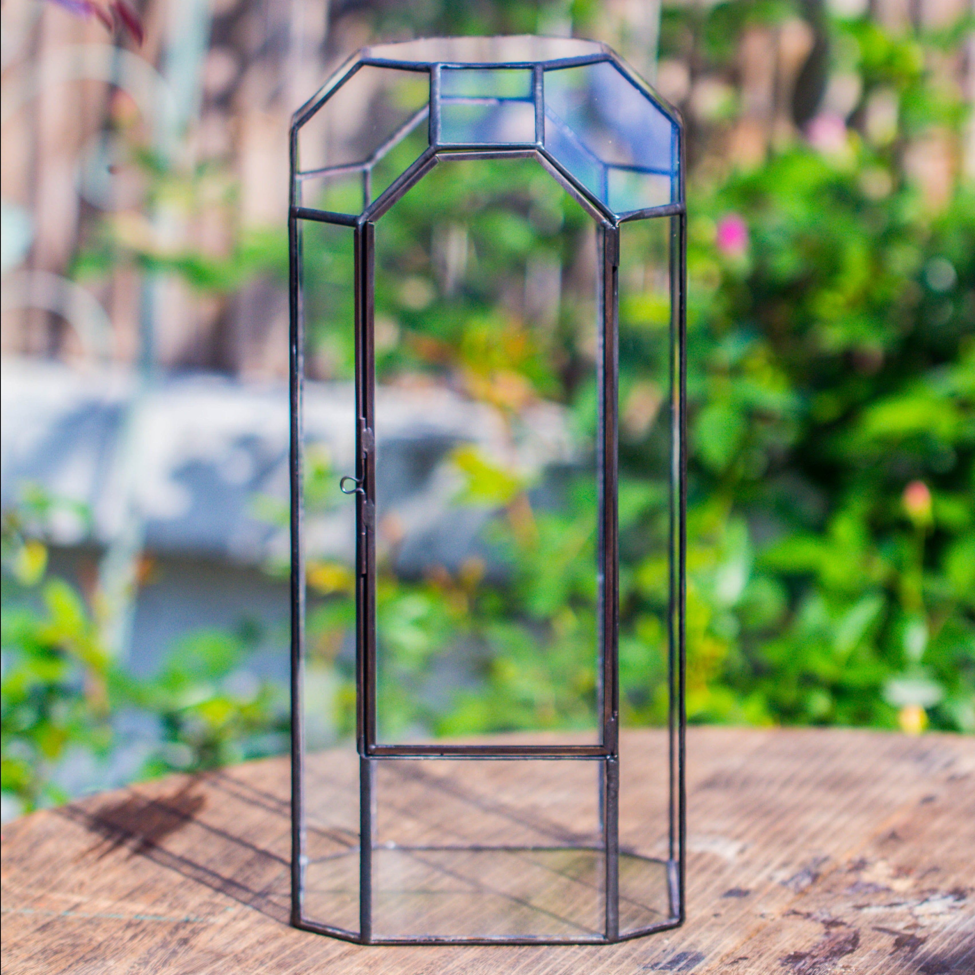 Vintage Tall Octagon Geometric Tin Glass Terrarium , 12.6" , close, suitable for tall plants, orchid, small begonia Pitcher, Micro landscape    -with warm light set - NCYPgarden