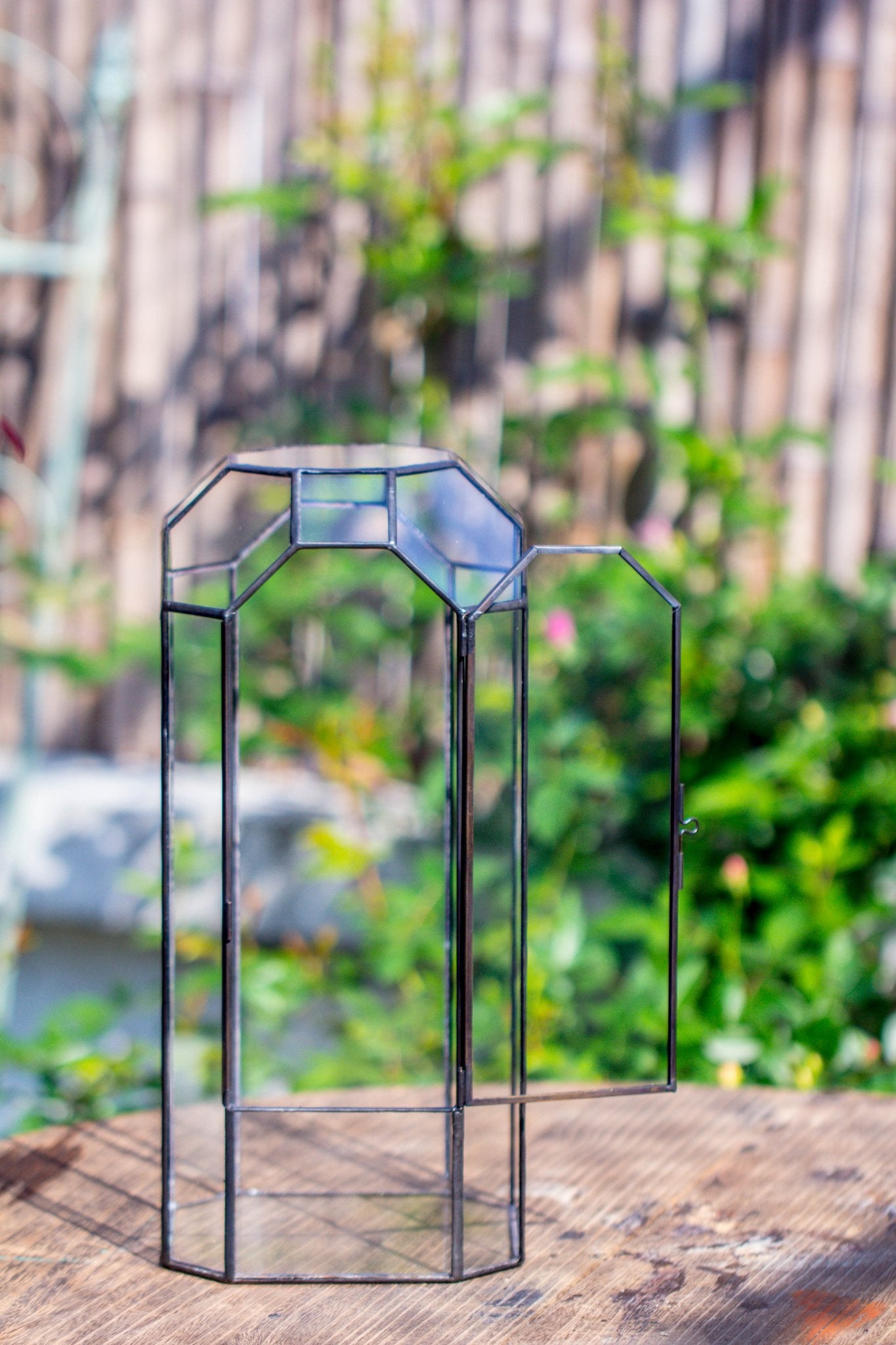 Vintage Tall Octagon Geometric Tin Glass Terrarium , 12.6" , close, suitable for tall plants, orchid, small begonia Pitcher, Micro landscape - with white light set - NCYPgarden