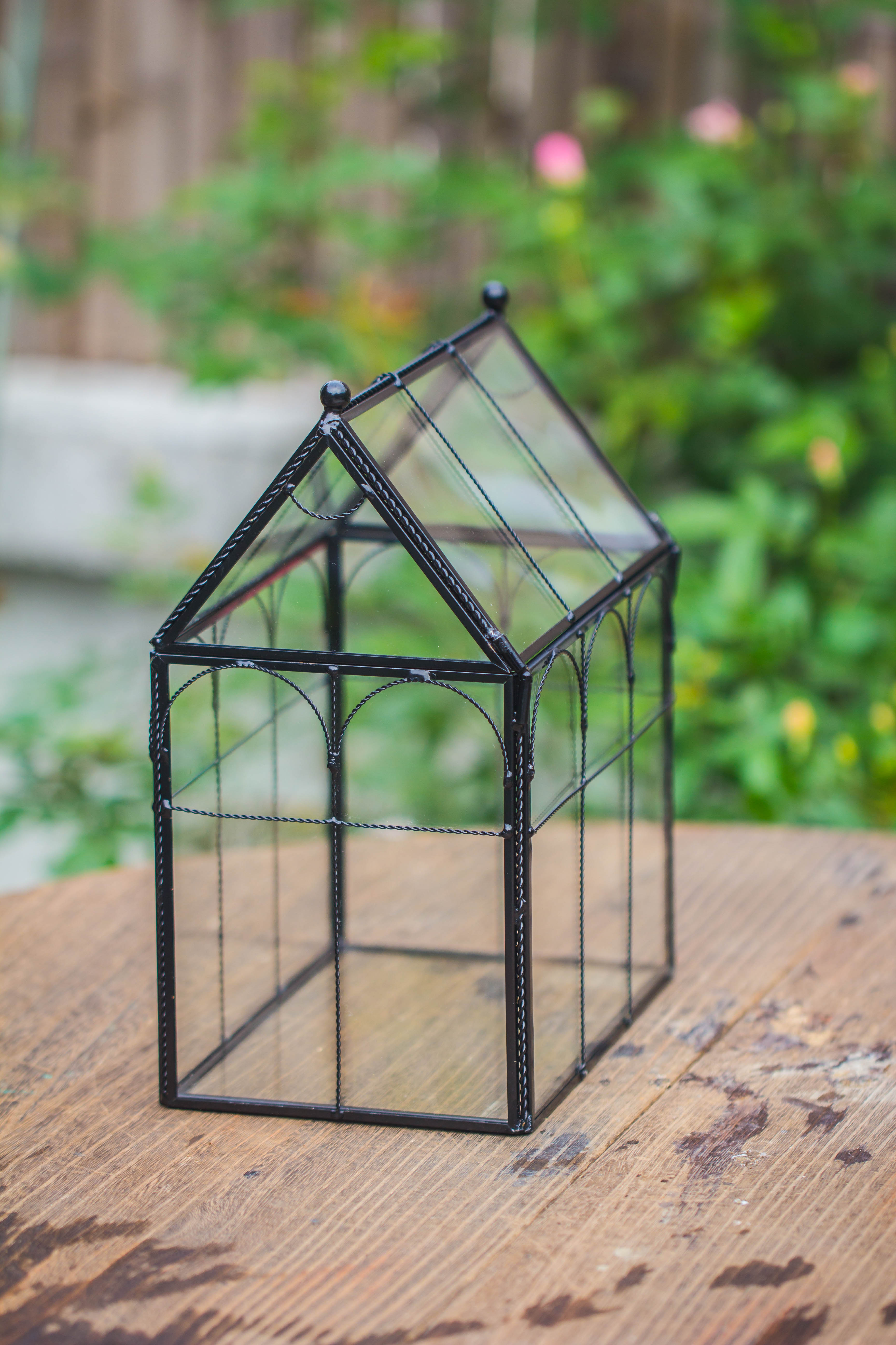 NCYP Tall Glass Geometric Terrarium Brass Twisted Brass Wire Decorated Black Vintage House Shape for Insect Snail Moss Succulents Cacti Air Plant - NCYPgarden