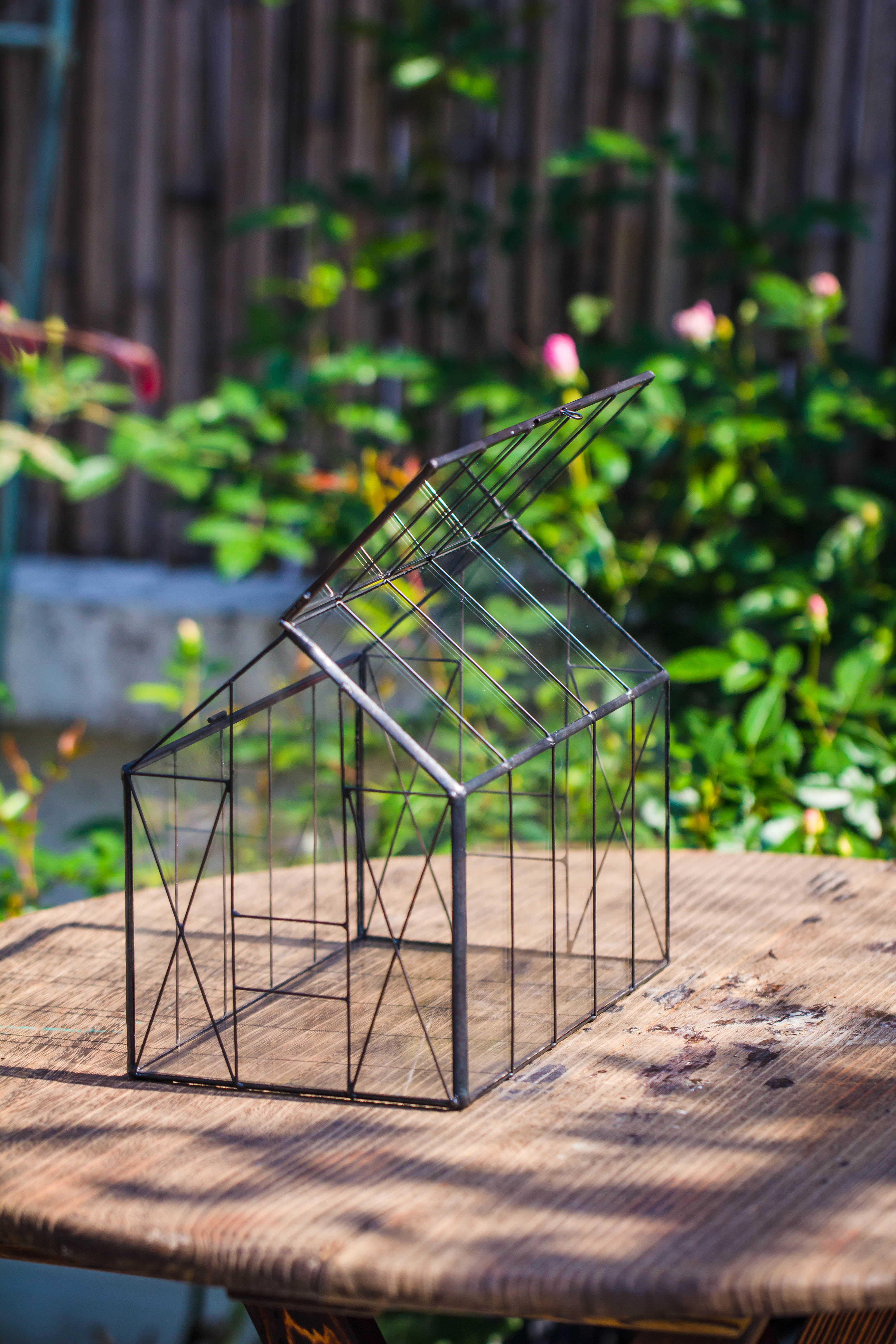 Handmade Vintage Greenhouse Inspired Tin Terrarium with LED Grow Light Set, Closed Glass Planter Set - NCYPgarden