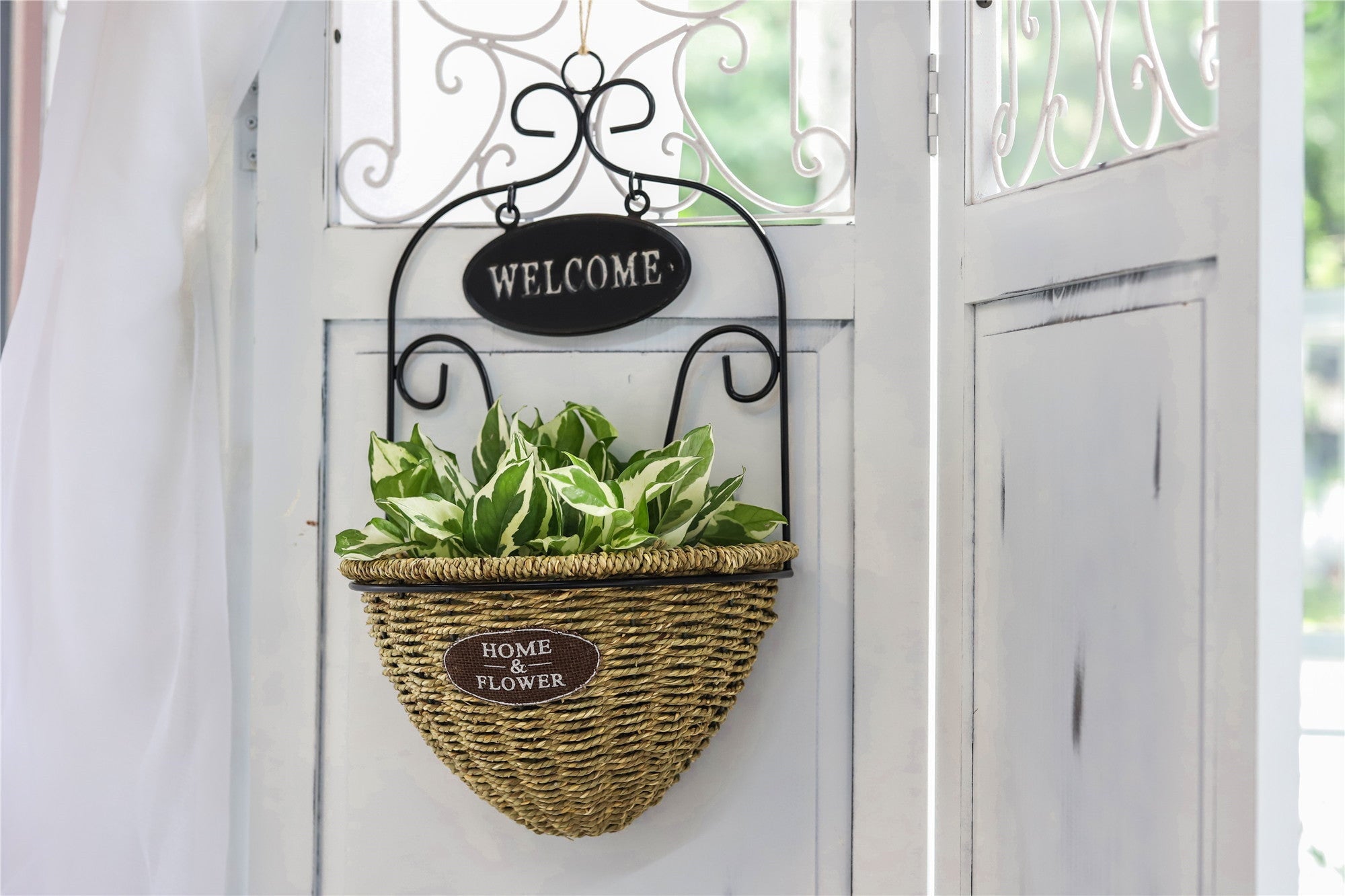 NCYP 2Pcs Wall Hanging Flower Basket Demilune Shape Handmade Woven Planter Flower Pot Black Metal - NCYPgarden