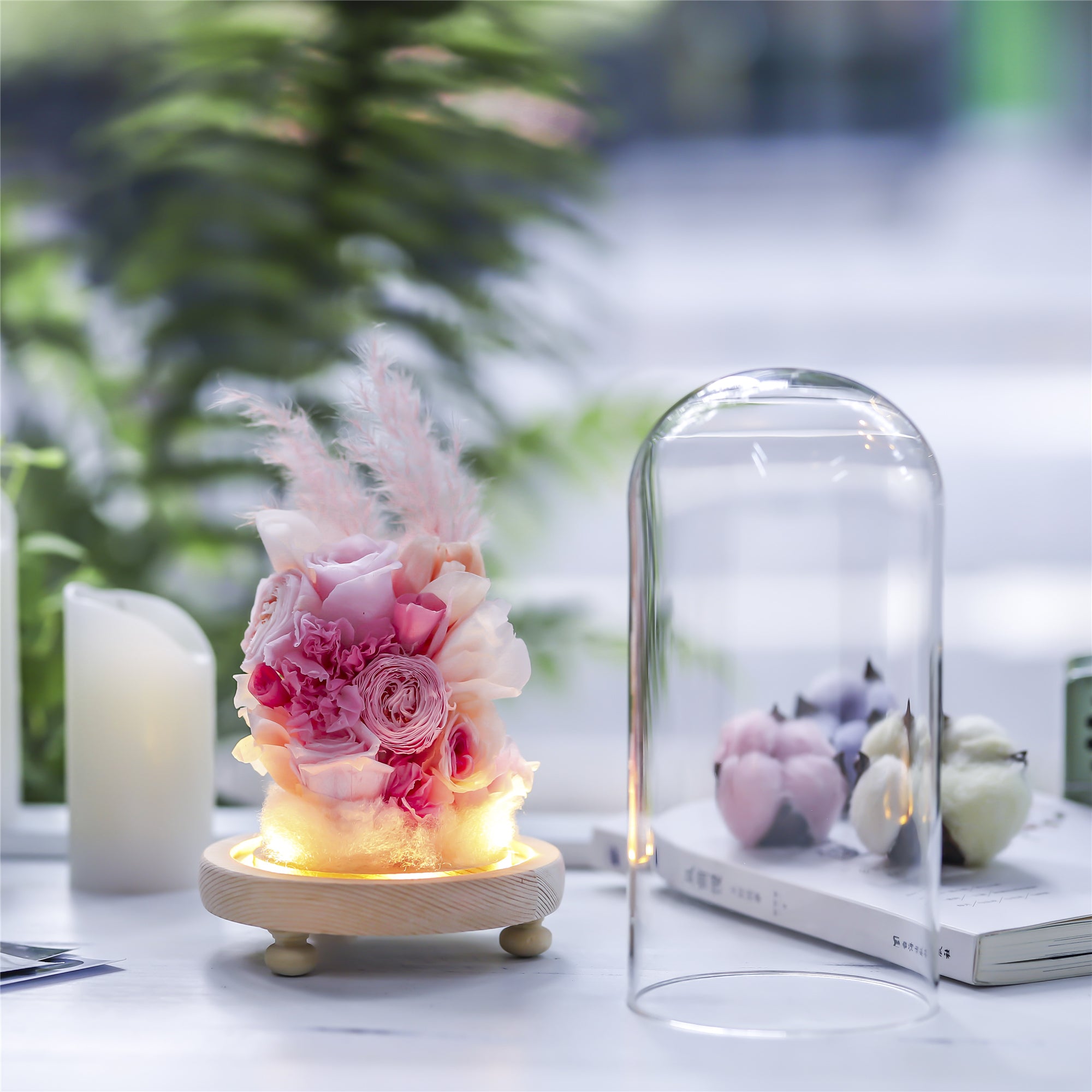 Glass Dome with LED Light Wood Base Cloche Bell for Rose Model Figurine Flowers Centerpiece - NCYPgarden