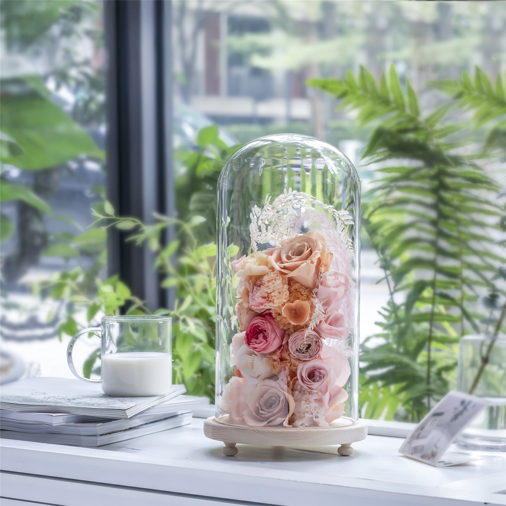 Handmade Glass Dome with LED Light Wood Base Cloche Bell Round for Rose Model Figurine Flowers - NCYPgarden