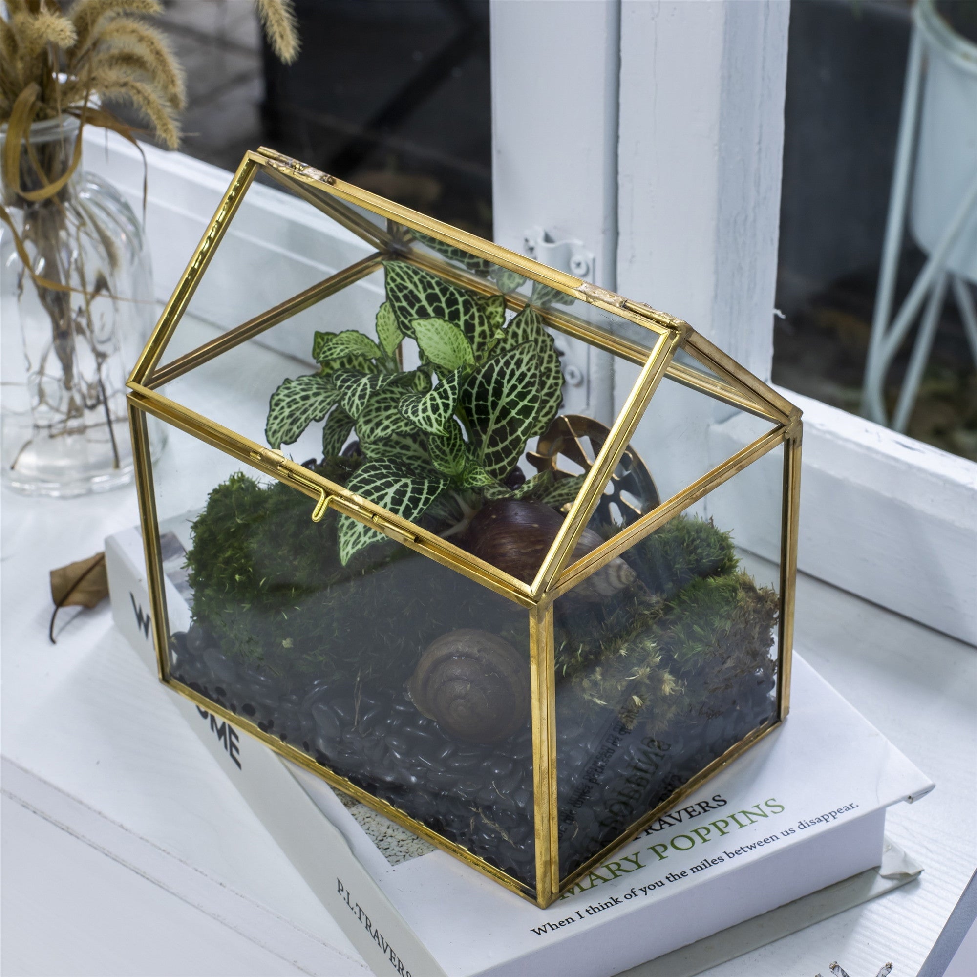 Handmade NCYP Geometric Glass Gold Terrarium Box House Shape, Close, Tabletop, Swing Lid for Air Plants Moss Snail Reptile Habitat - NCYPgarden