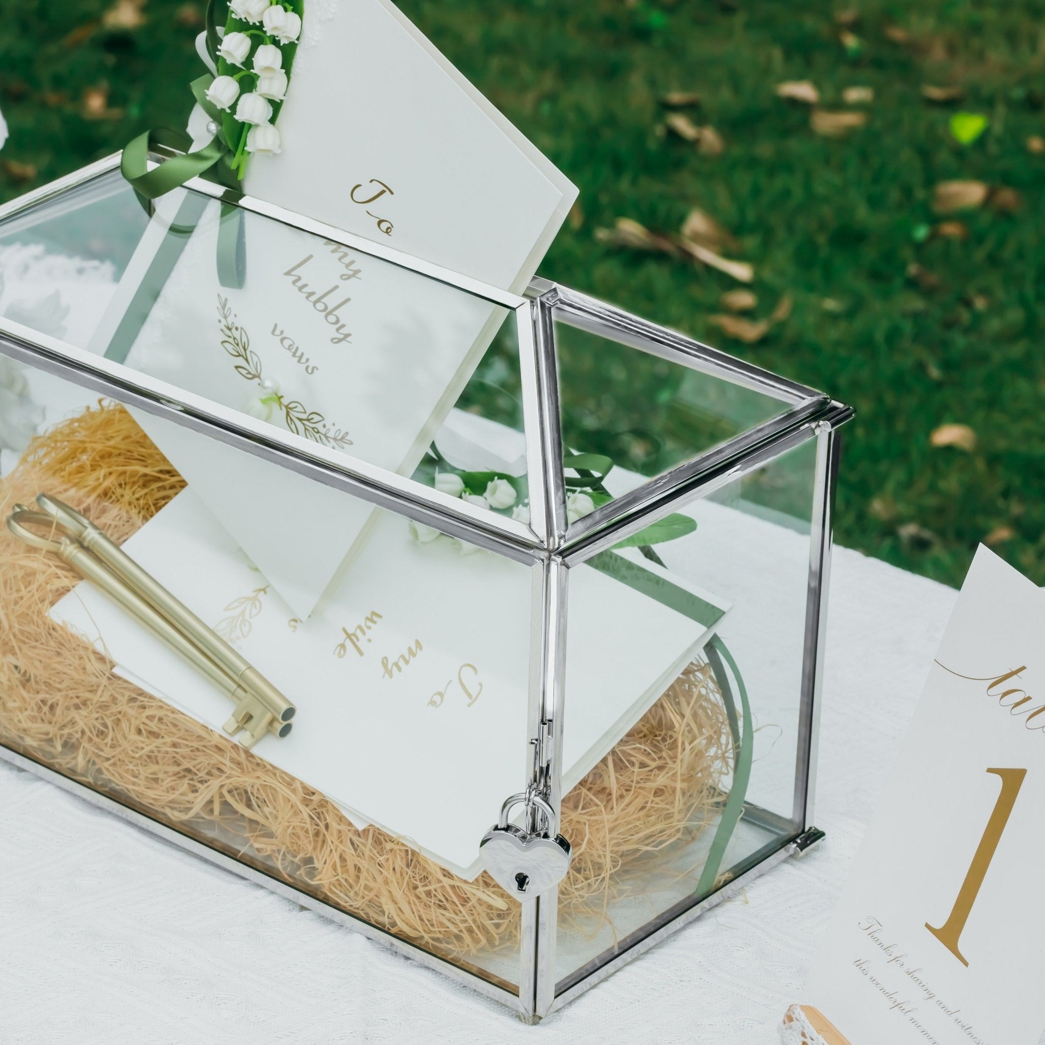 Silver Large Geometric Glass Card Box Terrarium with Slot, Heart Lock, Foot, Handmade for Wedding Receiption Wishwell Keepsake BG03K3 - NCYPgarden