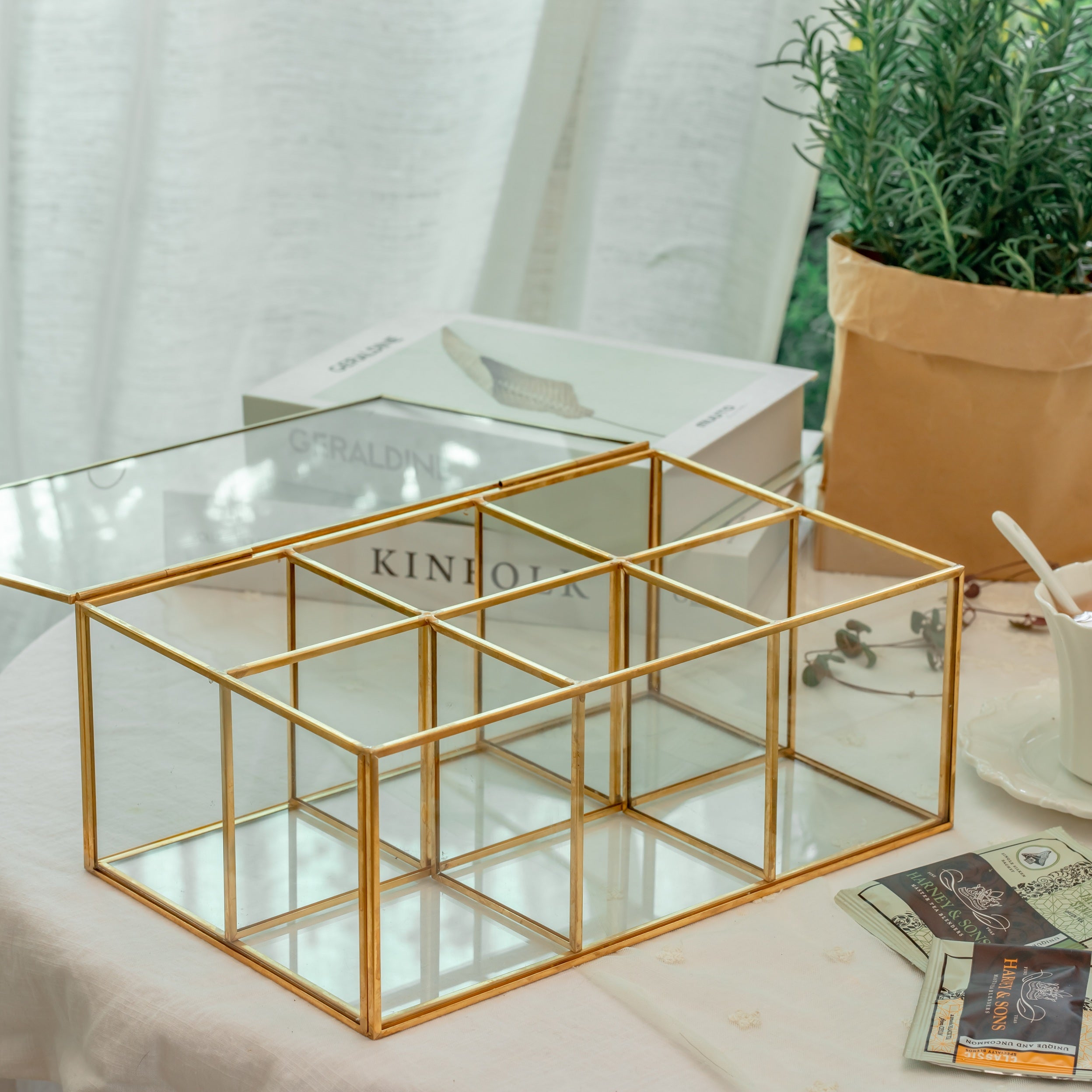 NCYP Glass Terrarium Box Tea Coffee Bag  Storage Organizer Jewelry Counter  6 Grids Compartments Handcrafted Brass for Harney & Sons Tea Bag - NCYPgarden