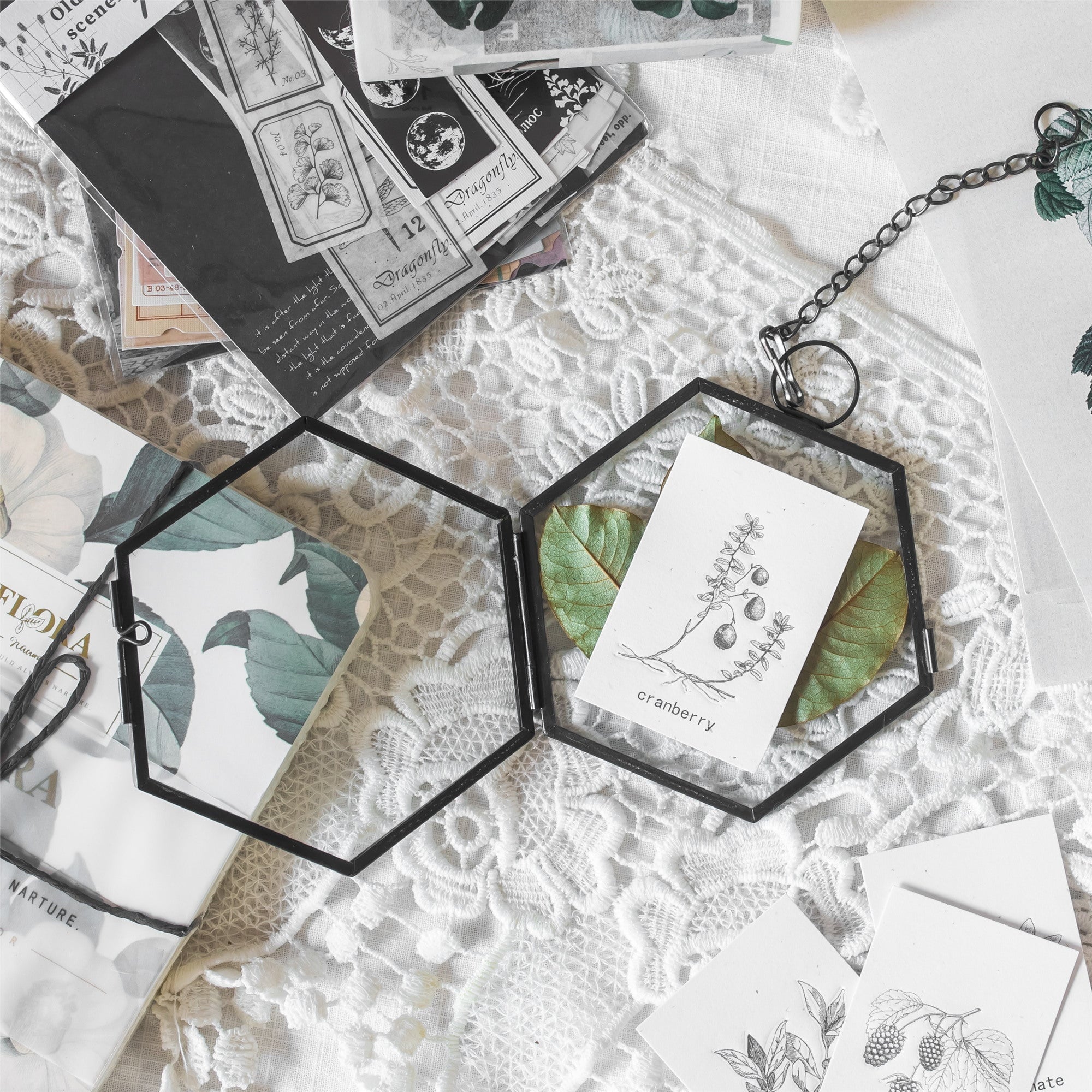 Handmade Black Vintage Brass Floating Hanging Glass Hexagon Picture Photo Frame Small Side Length 2" - NCYPgarden