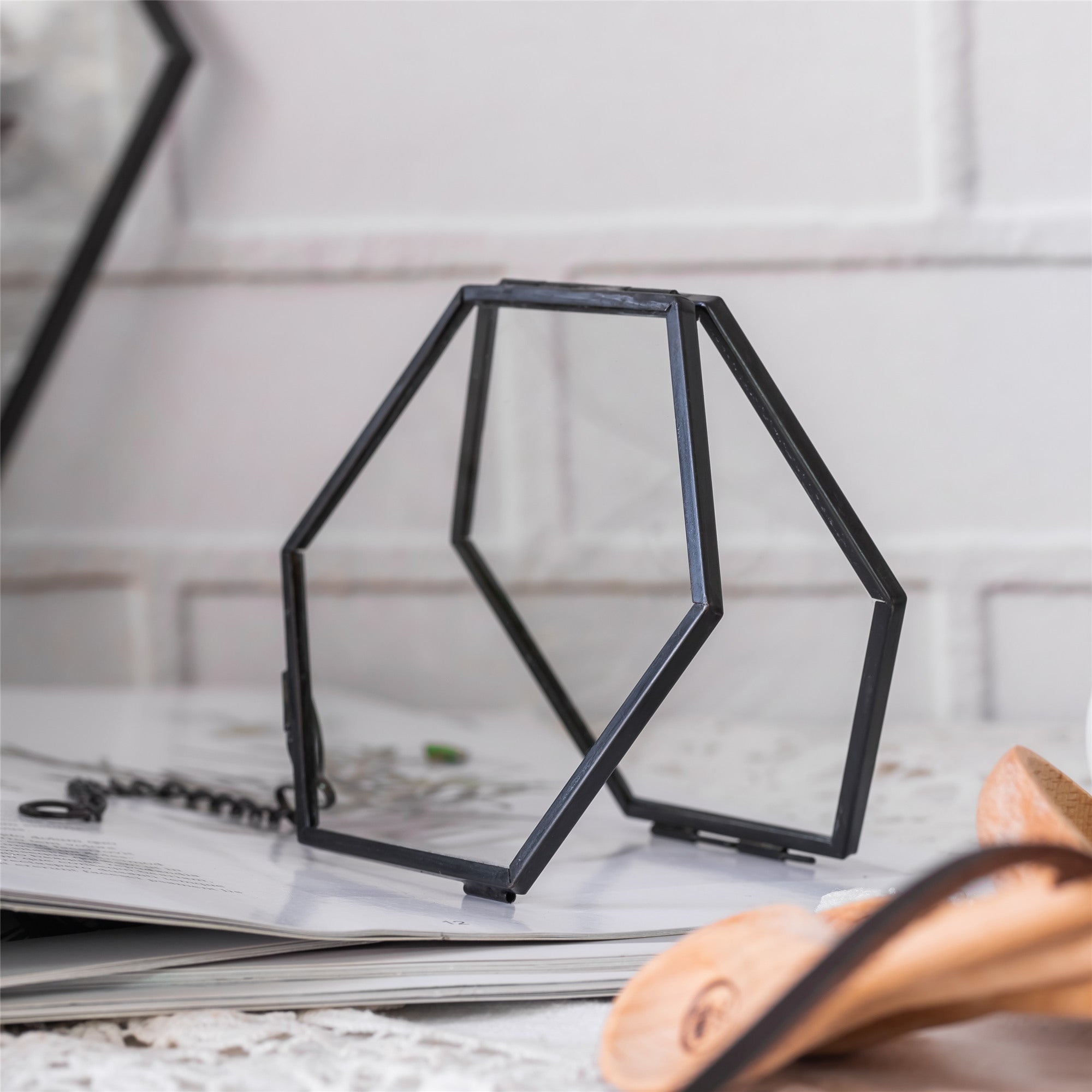Handmade Black Vintage Brass Floating Hanging Glass Hexagon Picture Photo Frame Small Side Length 2" - NCYPgarden