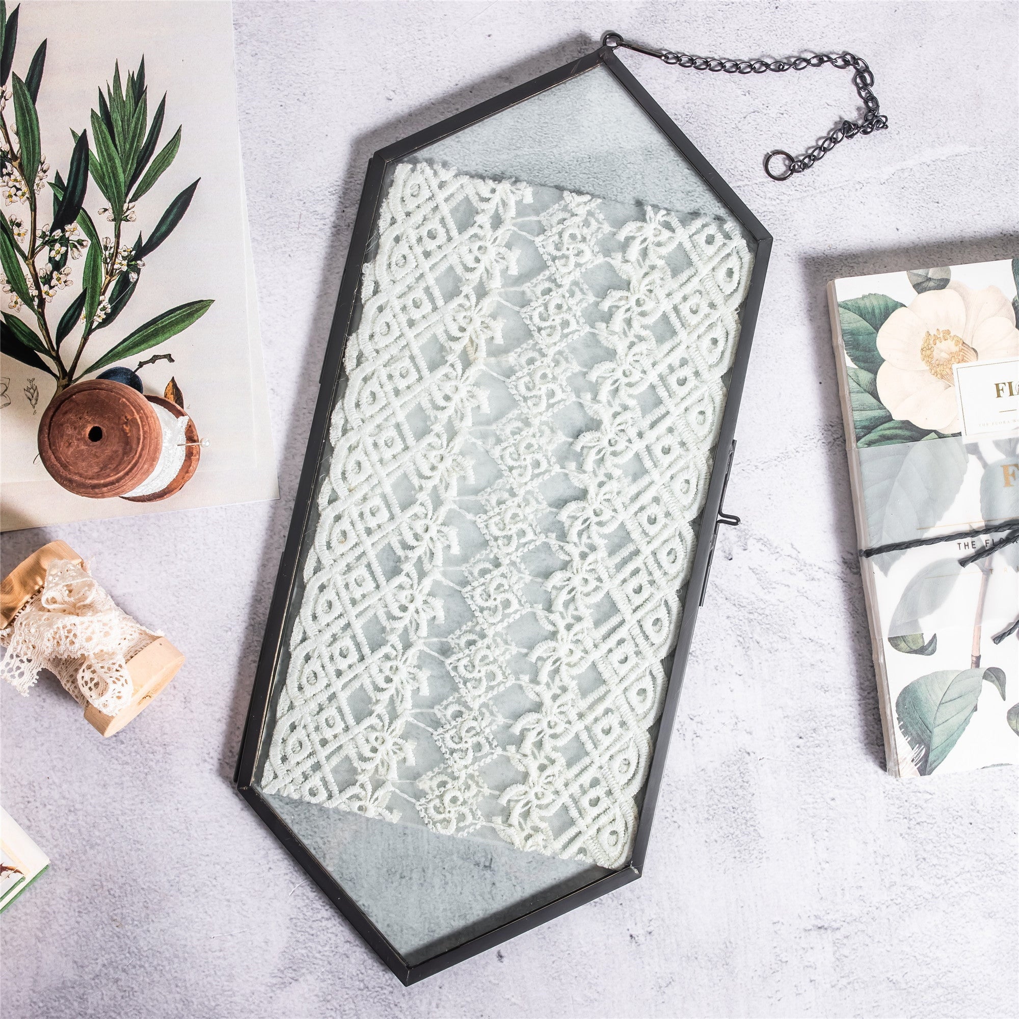 NCYP Vintage Black Brass Floating Hanging Glass Long Hexagon Photo Frame for Fern, Pressed Flower - NCYPgarden