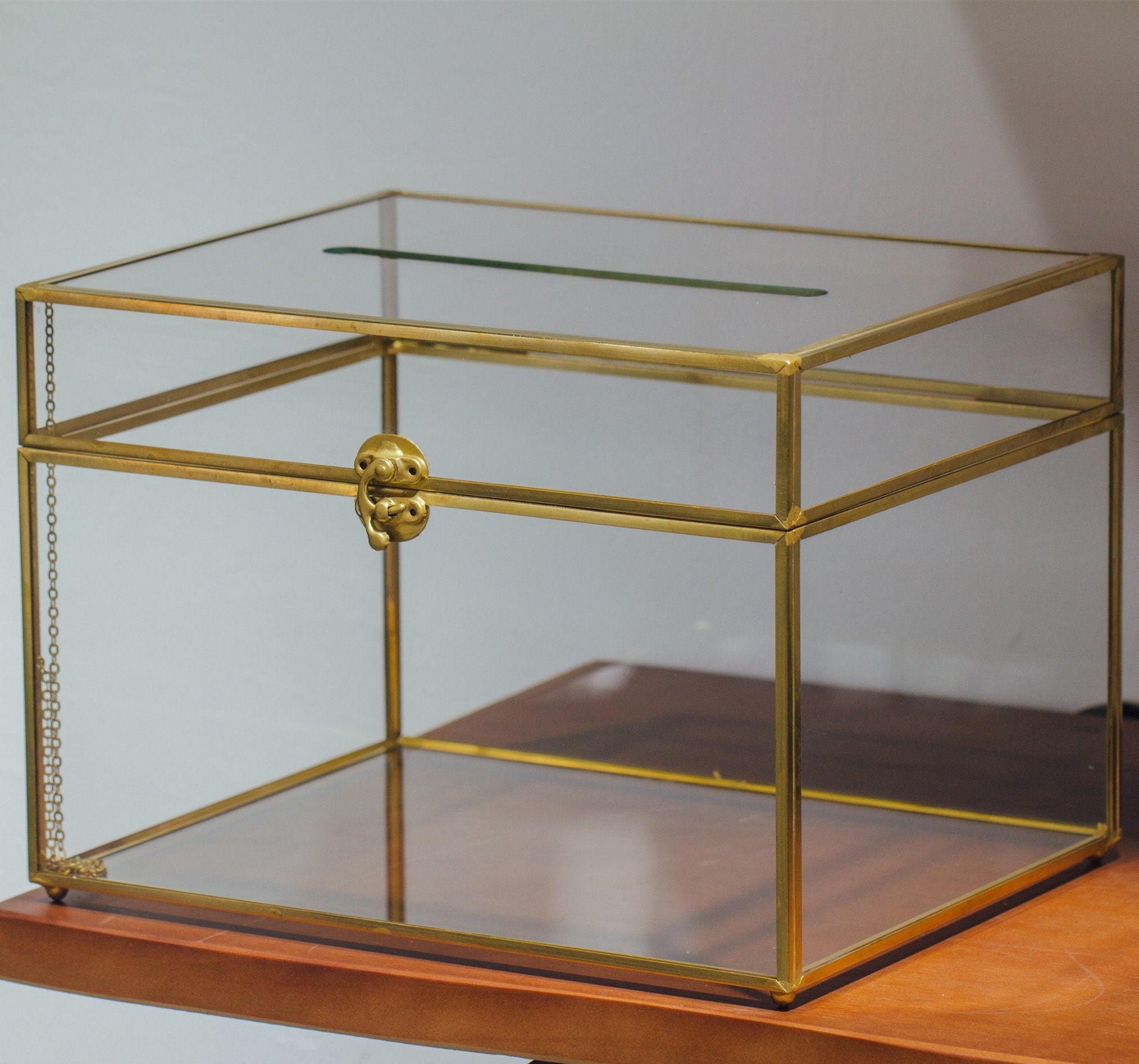 12"Large Gold Foot Rectangle with Slot  Geometric Glass Card Box Keepsake Recipe Reception Envelope Holder Display Gift with Swing Lid Latch - NCYPgarden