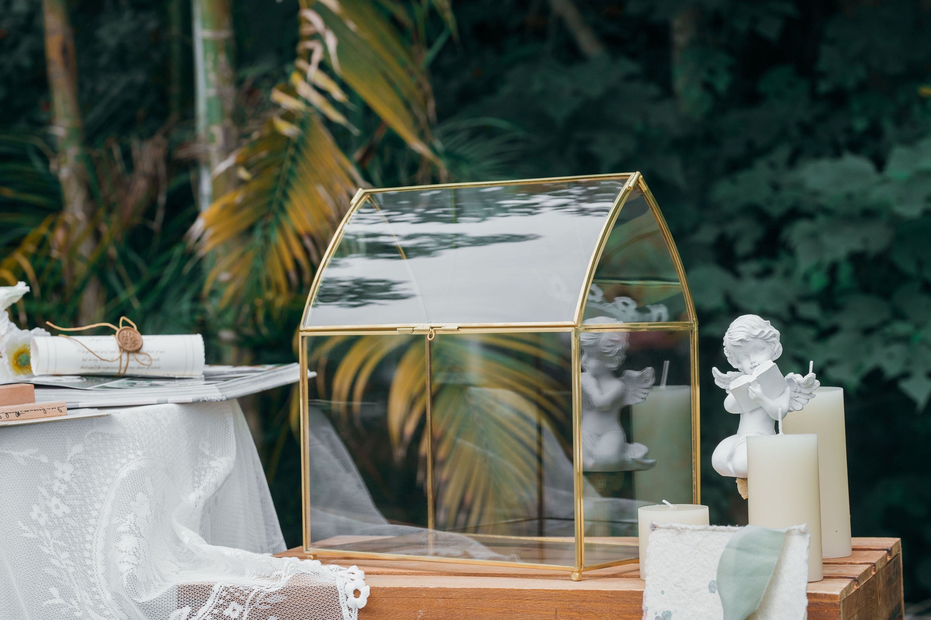House Shape Arched Top Vintage Glass Card Box Terrarium, Handmade Brass for Wedding Receiption Wishwell Keepsake - NCYPgarden