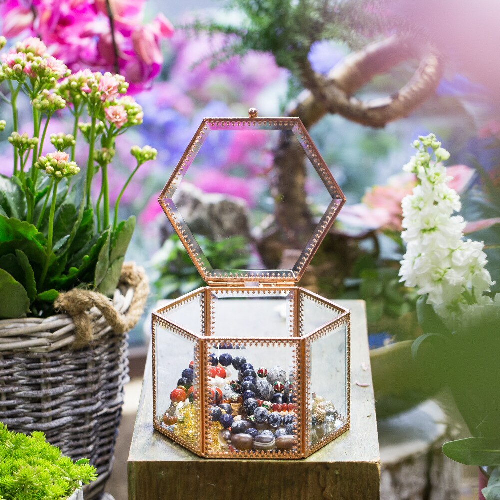 Handmade Rose Gold Vintage Glass Geometric Jewelry Box Hexagonal for Necklace Ring Jewelry - NCYPgarden
