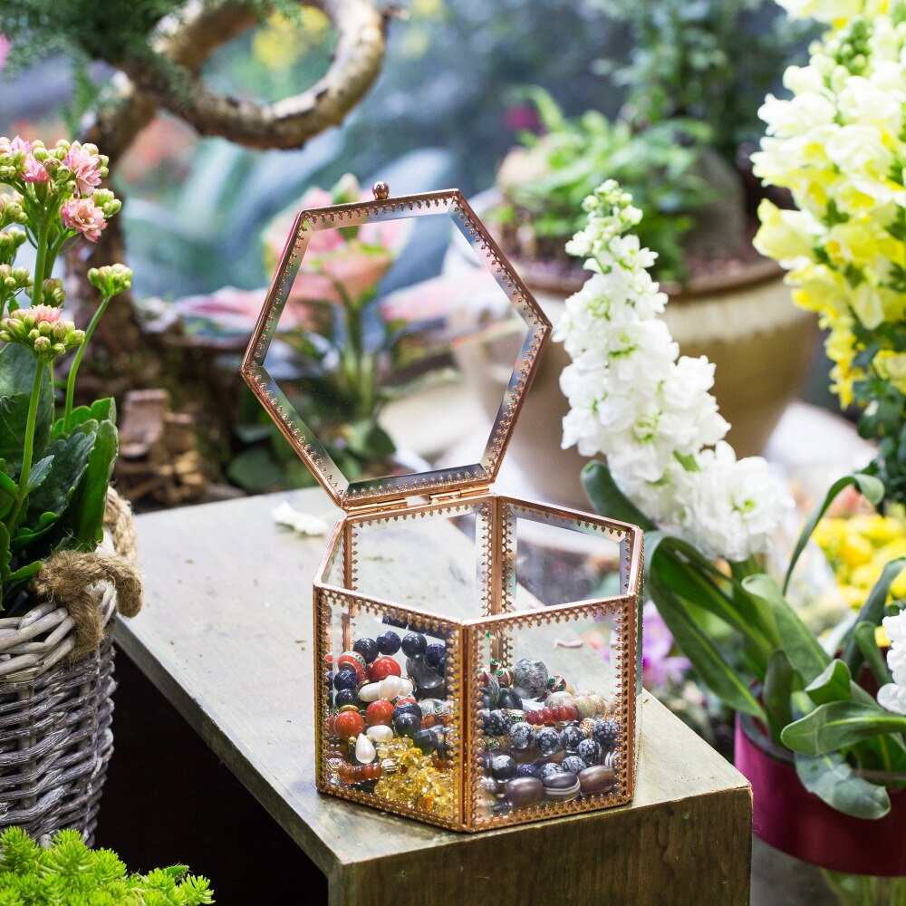 Handmade Rose Gold Vintage Glass Geometric Jewelry Box Hexagonal for Necklace Ring Jewelry - NCYPgarden