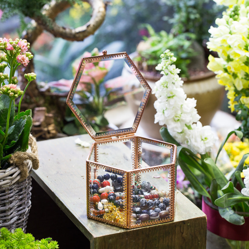 Handmade Rose Gold Vintage Glass Geometric Jewelry Box Hexagonal for Necklace Ring Jewelry - NCYPgarden