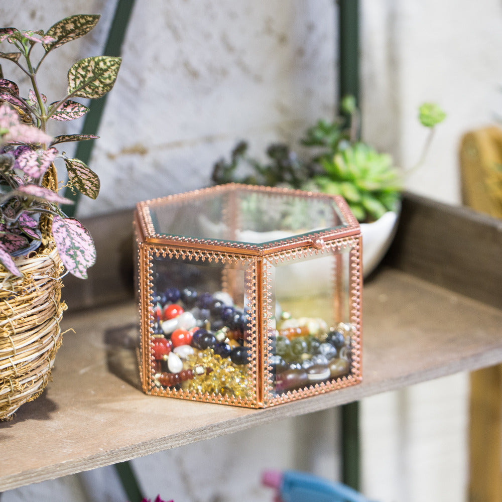 Handmade Rose Gold Vintage Glass Geometric Jewelry Box Hexagonal for Necklace Ring Jewelry - NCYPgarden