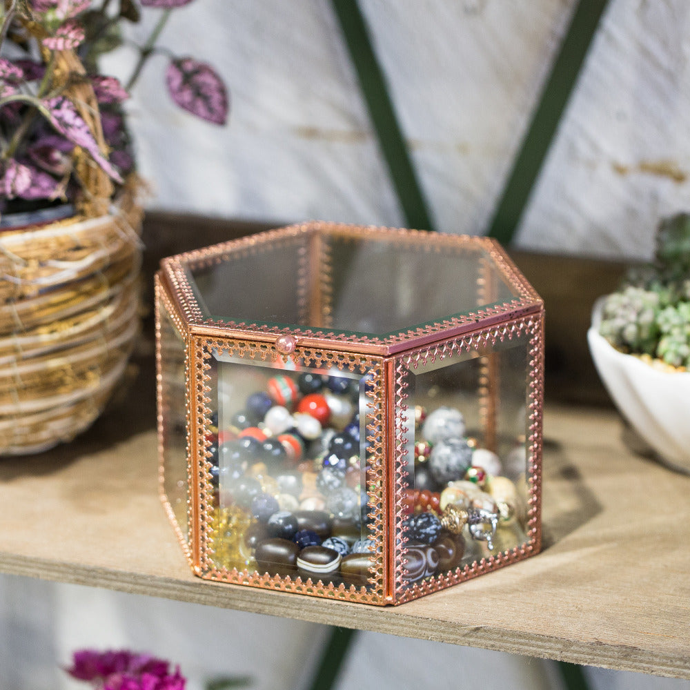 Handmade Rose Gold Vintage Glass Geometric Jewelry Box Hexagonal for Necklace Ring Jewelry - NCYPgarden