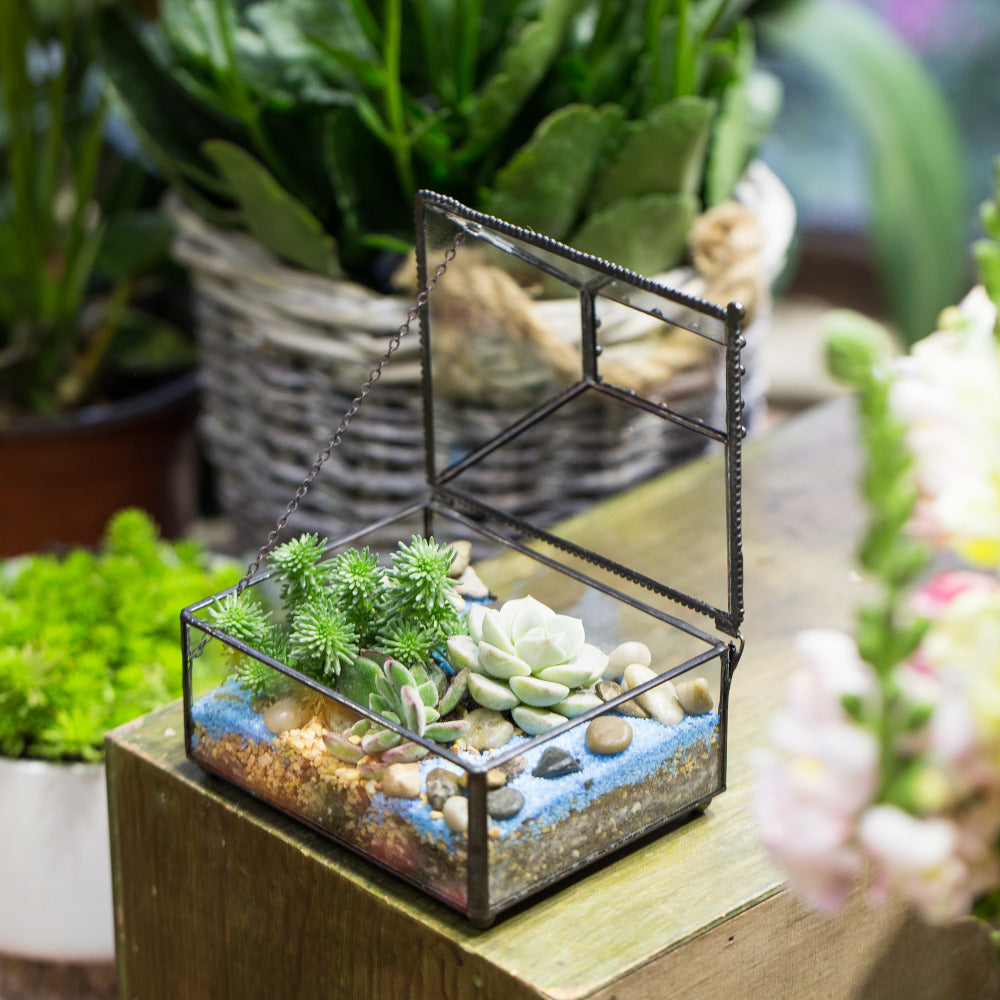 Handmade Small Jewelry Box Geometric Glass Terrarium with Cover for Airplants Succulents Moss Ring - NCYPgarden