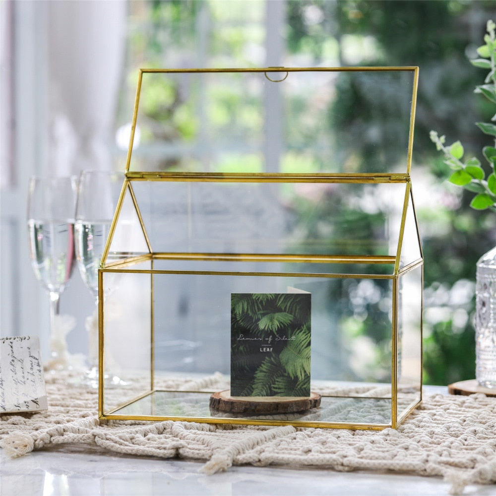 Handmade Gold House Shape Glass Geometric Terrarium  Card Wishwell Reception Box for Wedding Ceromony - NCYPgarden
